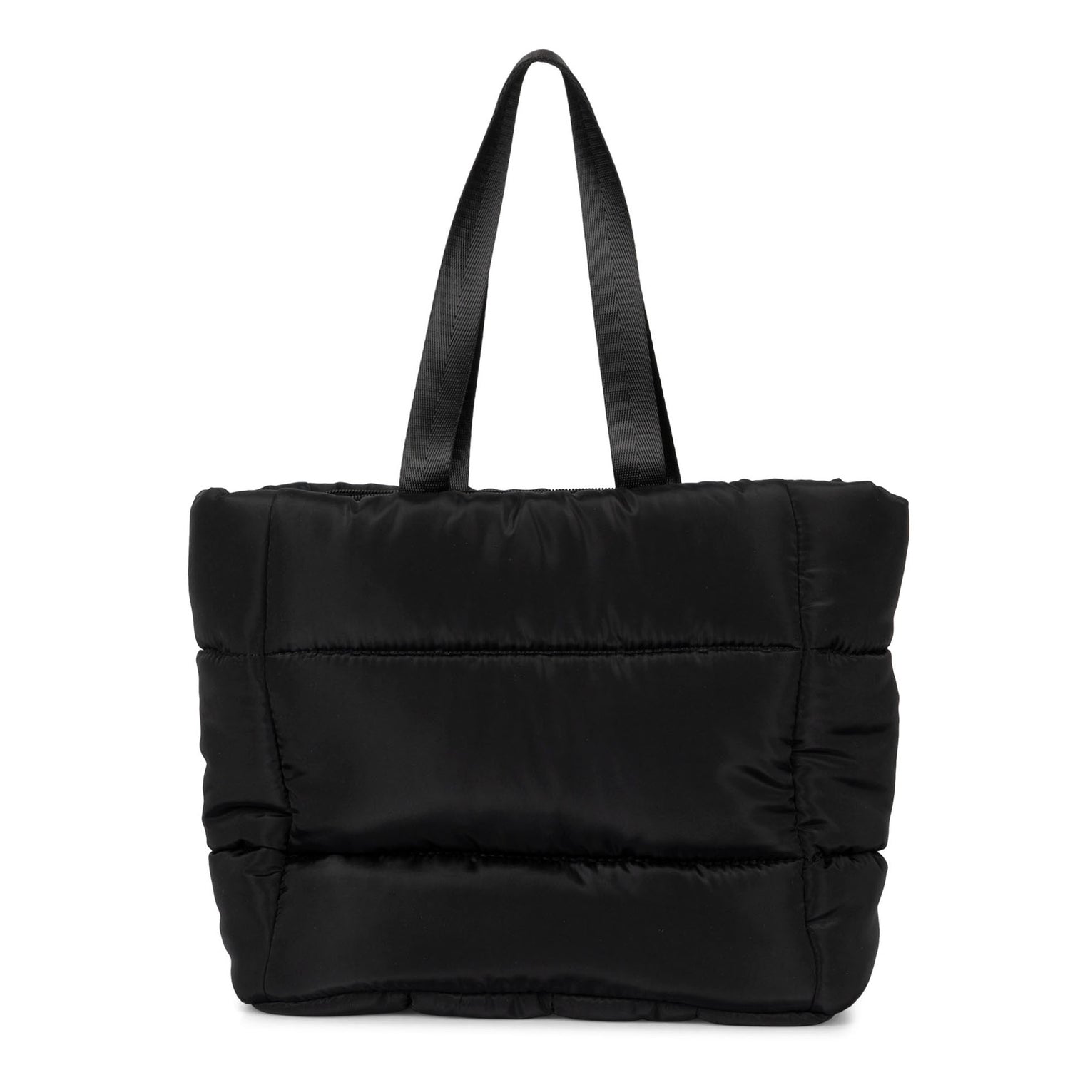Frontside of a black lunch tote bag called Urban Quilted designed by Tracker on a white background, showcasing its long top handles.