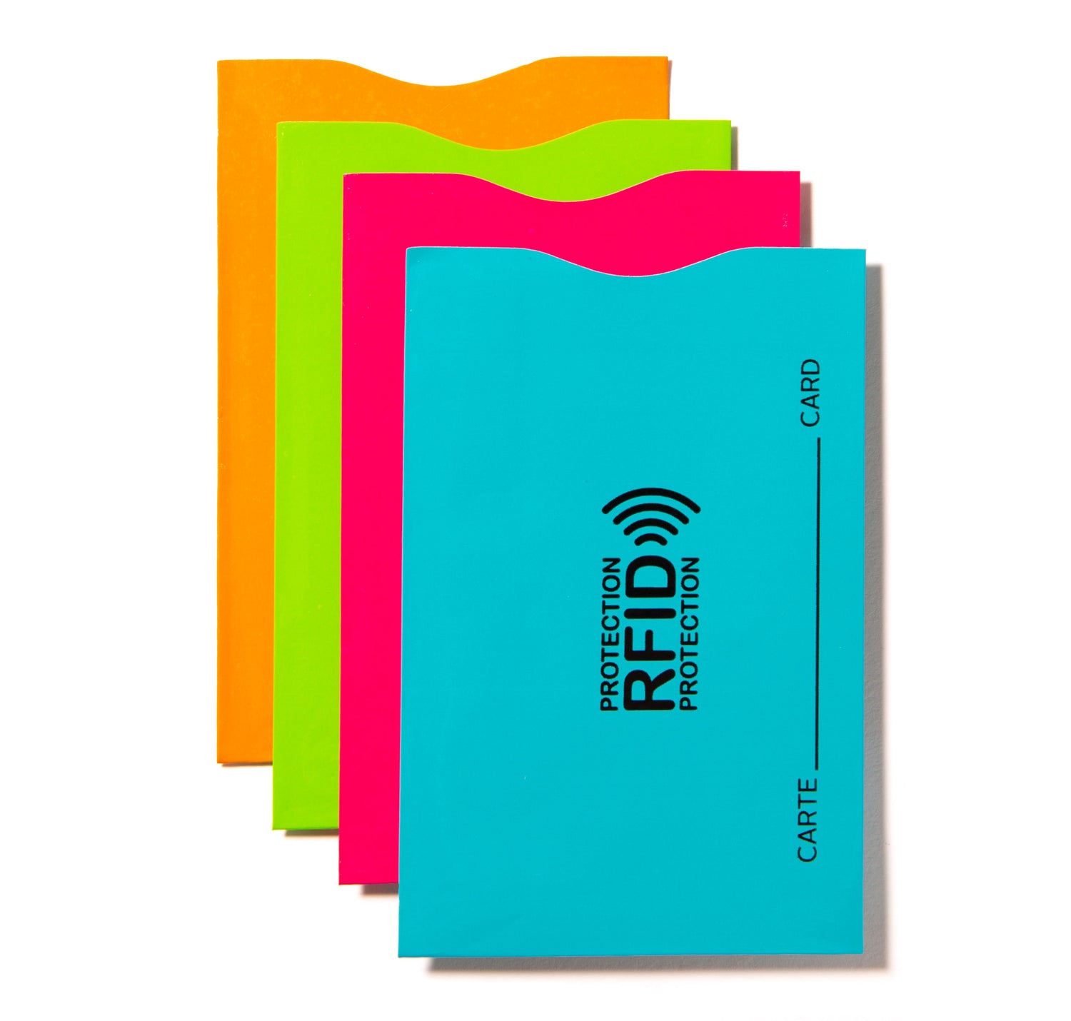 4 RFID card sleeves for travel in orange, green, pink, and blue designed by Tracker showing the RFID label printed on the top 