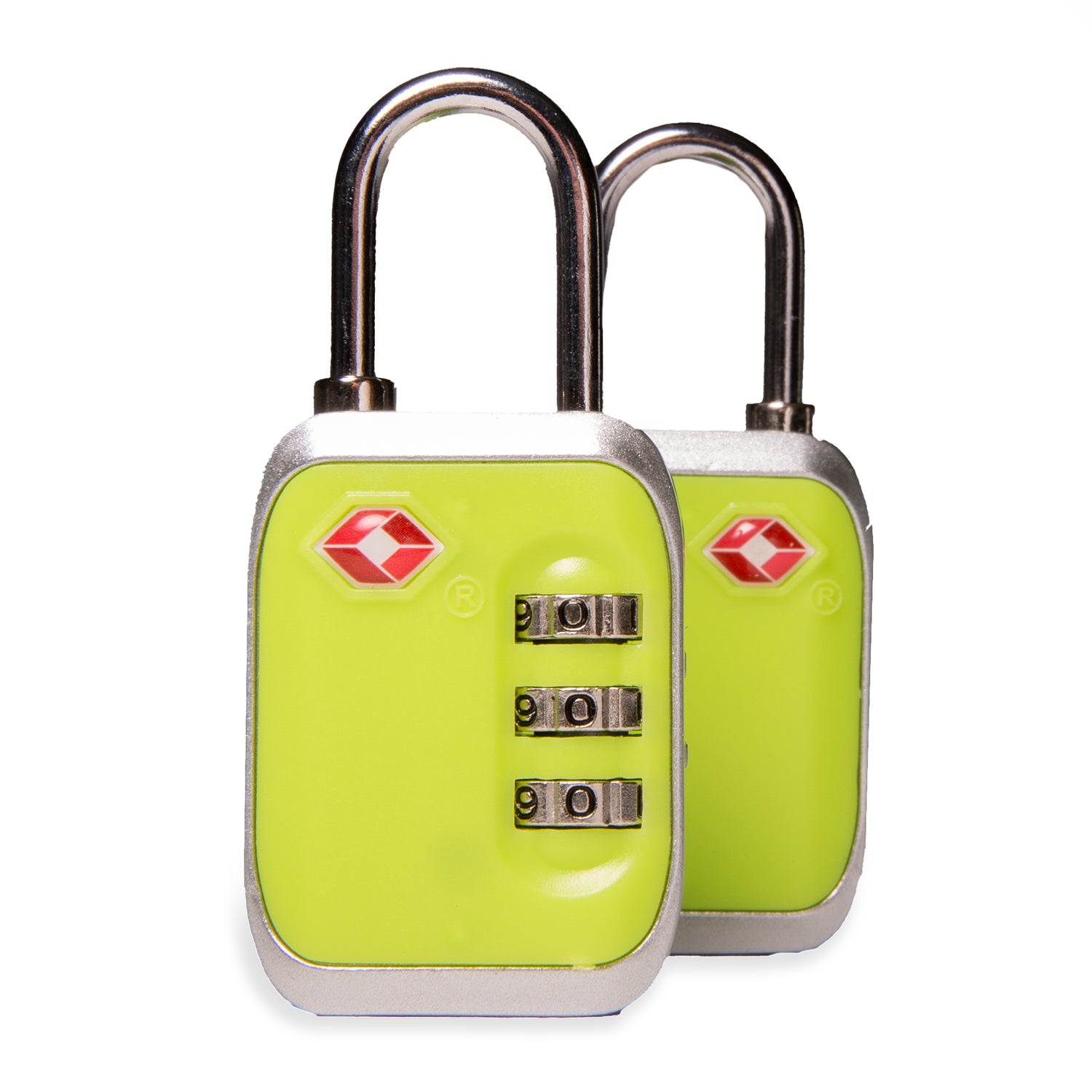Front of 2 yellow and metallic tsa-approved locks designed by Tracker on white background, showcasing its 3-dial feature and red TSA logo.