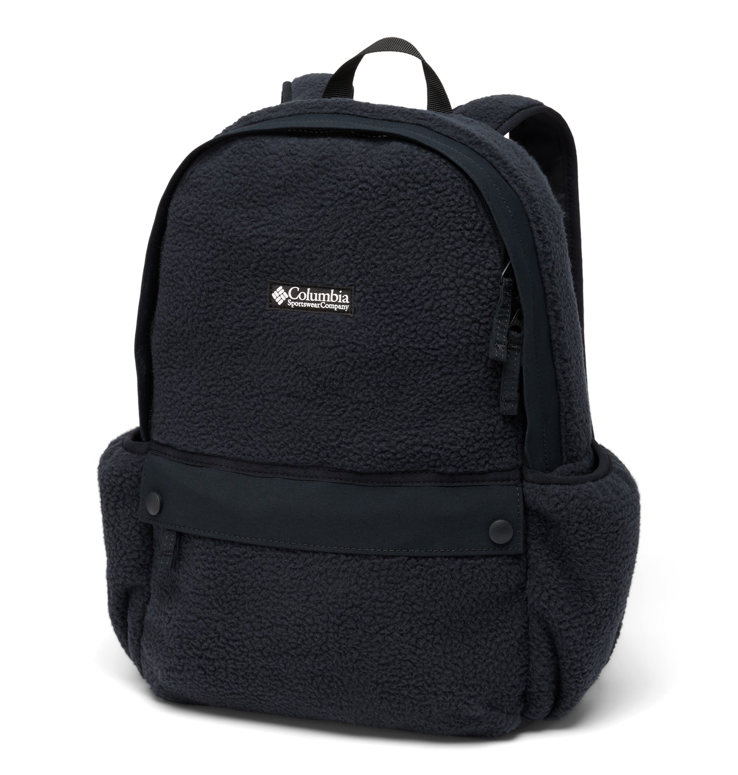 Front side of a black backpack called Helvetia designed by Columbia showing its fleece teture, logo printed on the front compartment, and 2 snap-button opening to a front pocket.