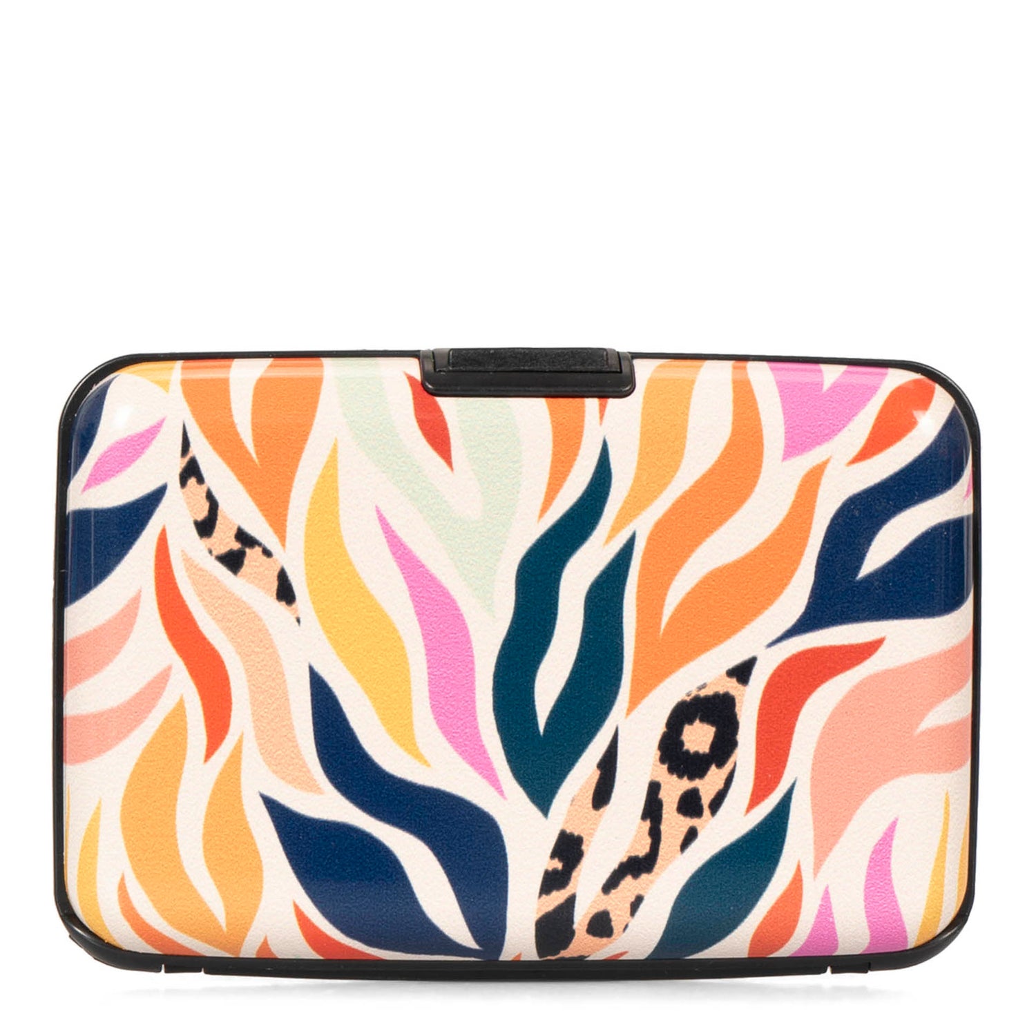 Backside of a multicoloured animal-print card holder in aluminum on white background showcasing its clasp and black contour.