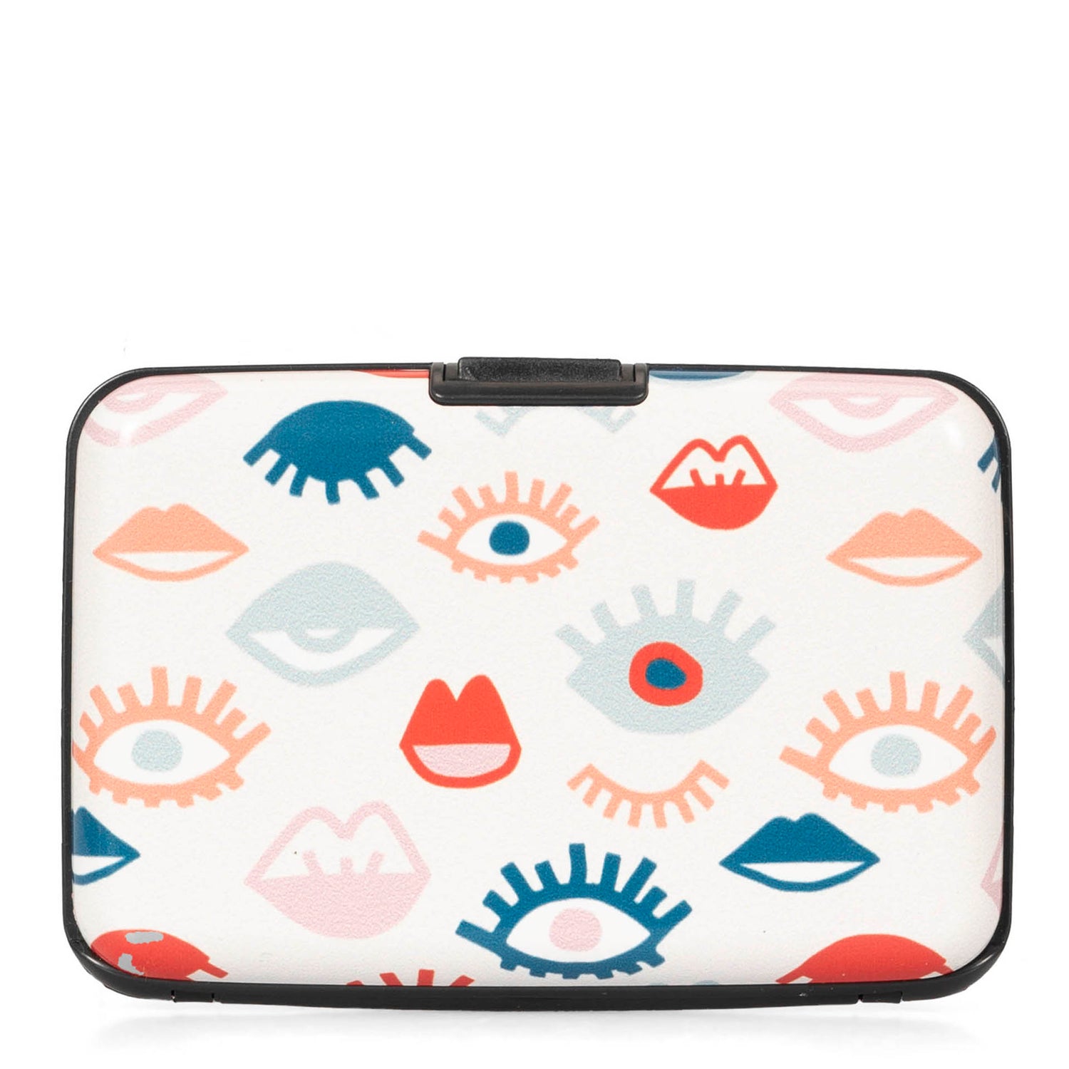 Front side of an aluminum card holder in a print of eye lashes and lips with white background showcasing its clasp.