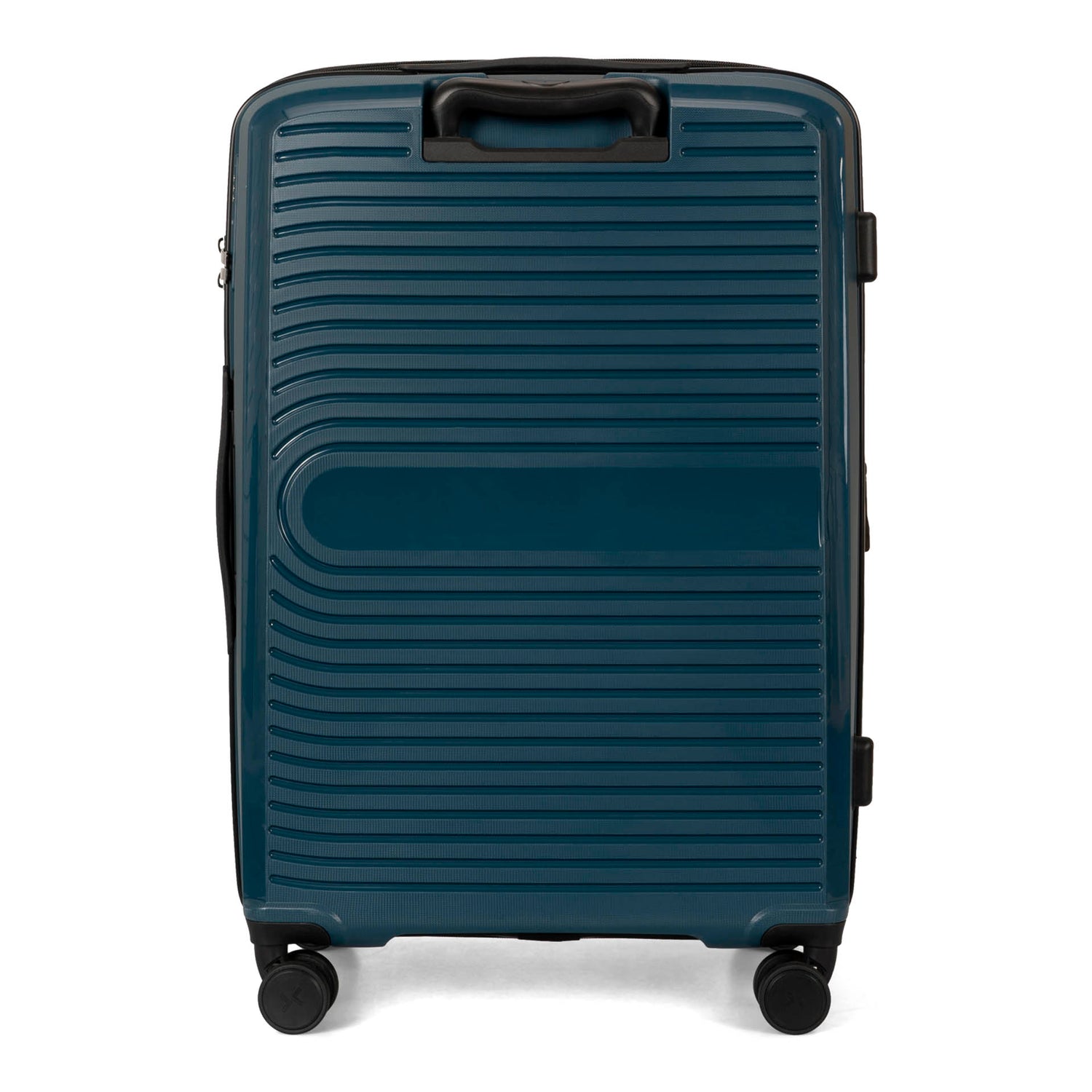 Back side of a navy luggage called Dynamo designed by Tracker showing its telescopic handle and lined-pattern shell.