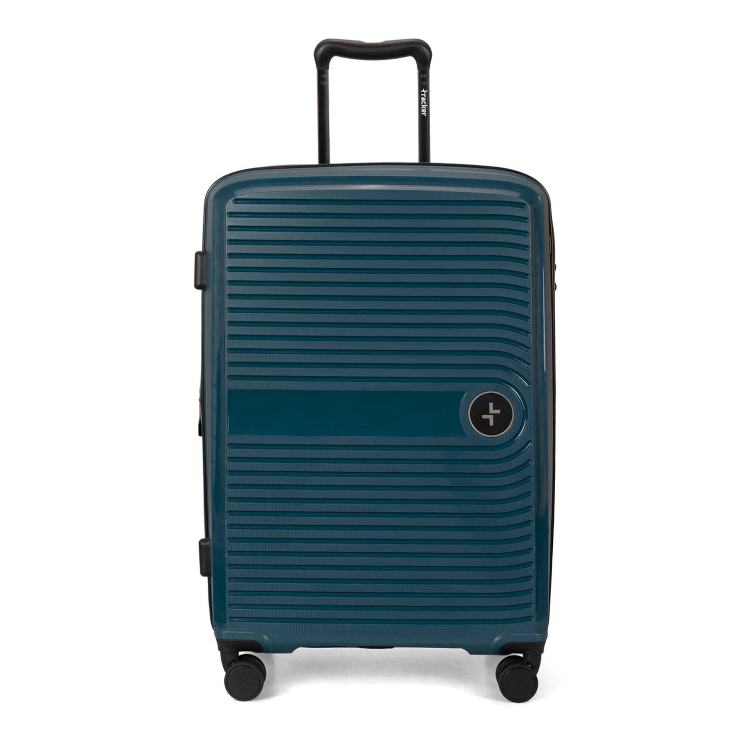 Front side of a navy luggage called Dynamo designed by Tracker showing its telescopic handle, lined-pattern shell, and tracker symbol embossed on the front.
