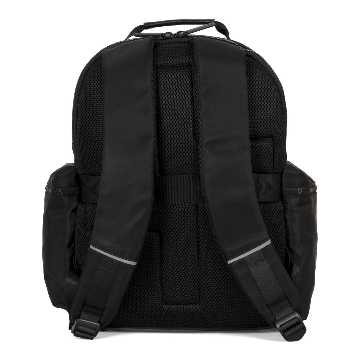 Back side view of a black backpack called Sutton by Tracker on white background, showcasing its padded back panel, top handle, padded straps, and 2 side zipper pockets. 