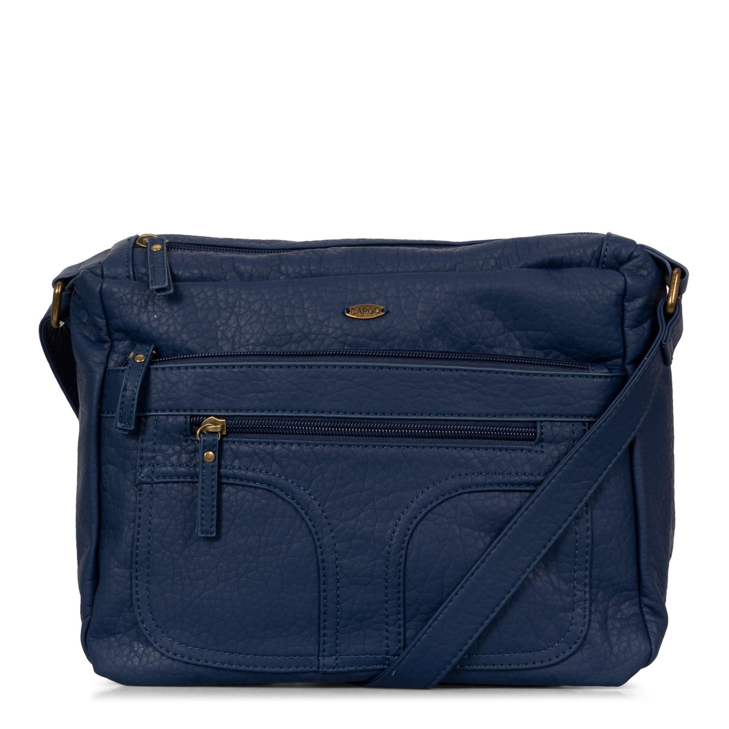 Frontside of a women's navy crossbody bag called Pebbled from the brand Cargo on a white background, showcasing its thin strap.