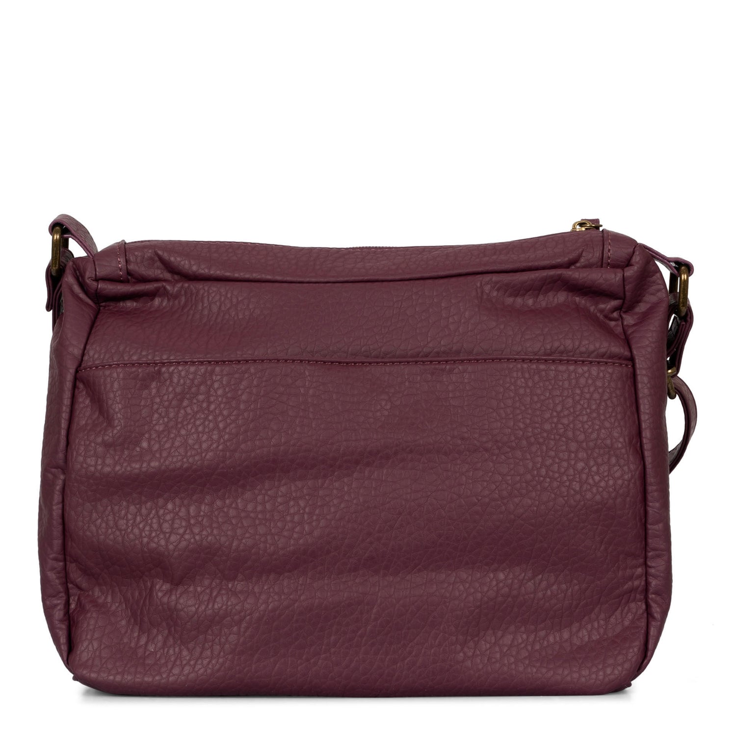 Backside of a women's burgundy crossbody bag called Pebbled from the brand Cargo on a white background.