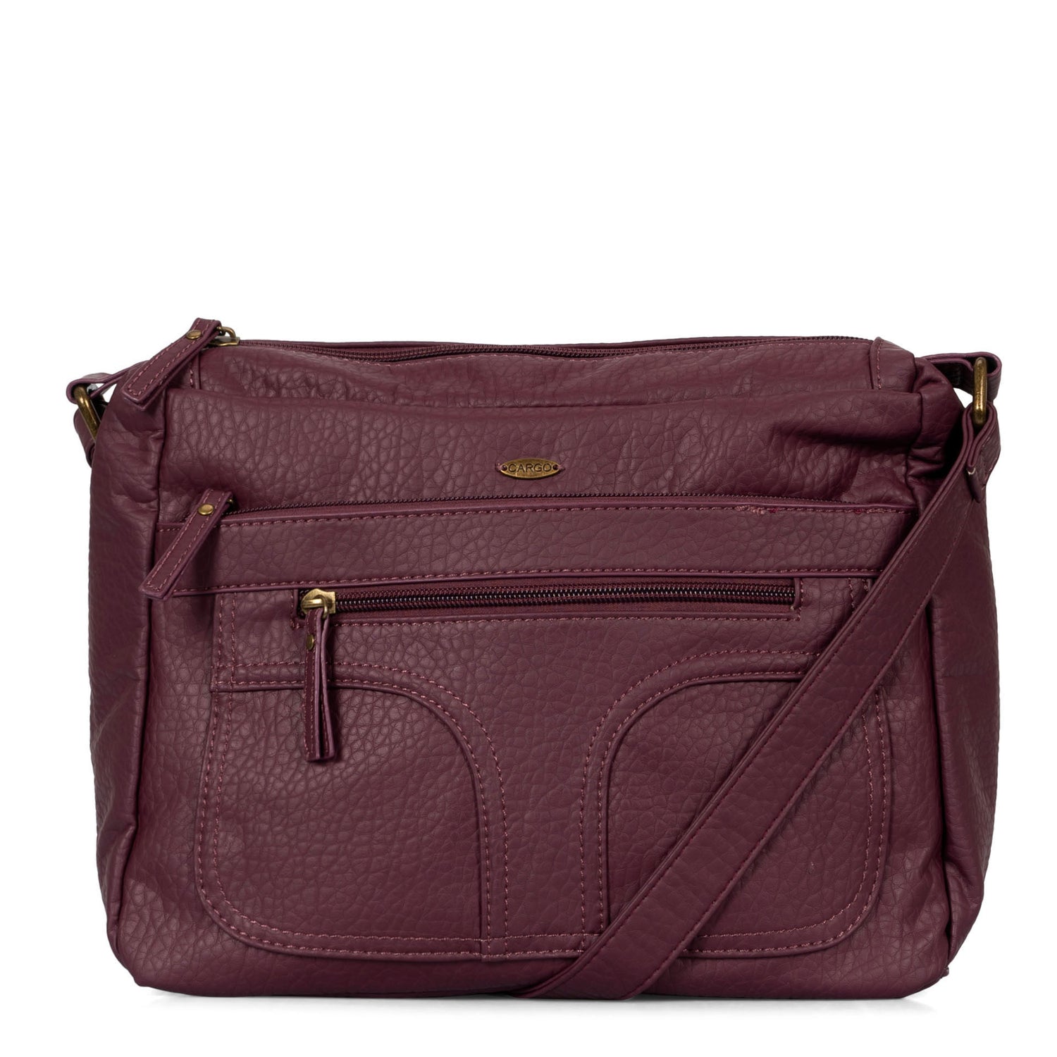 Frontside of a women's burgundy crossbody bag called Pebbled from the brand Cargo on a white background, showcasing its thin strap.