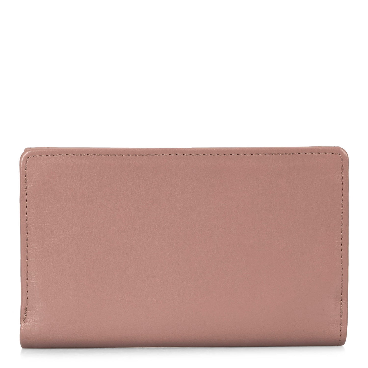 Back side of a taupe flap wallet for women called Kara designed by Tracker showing its soft leather.