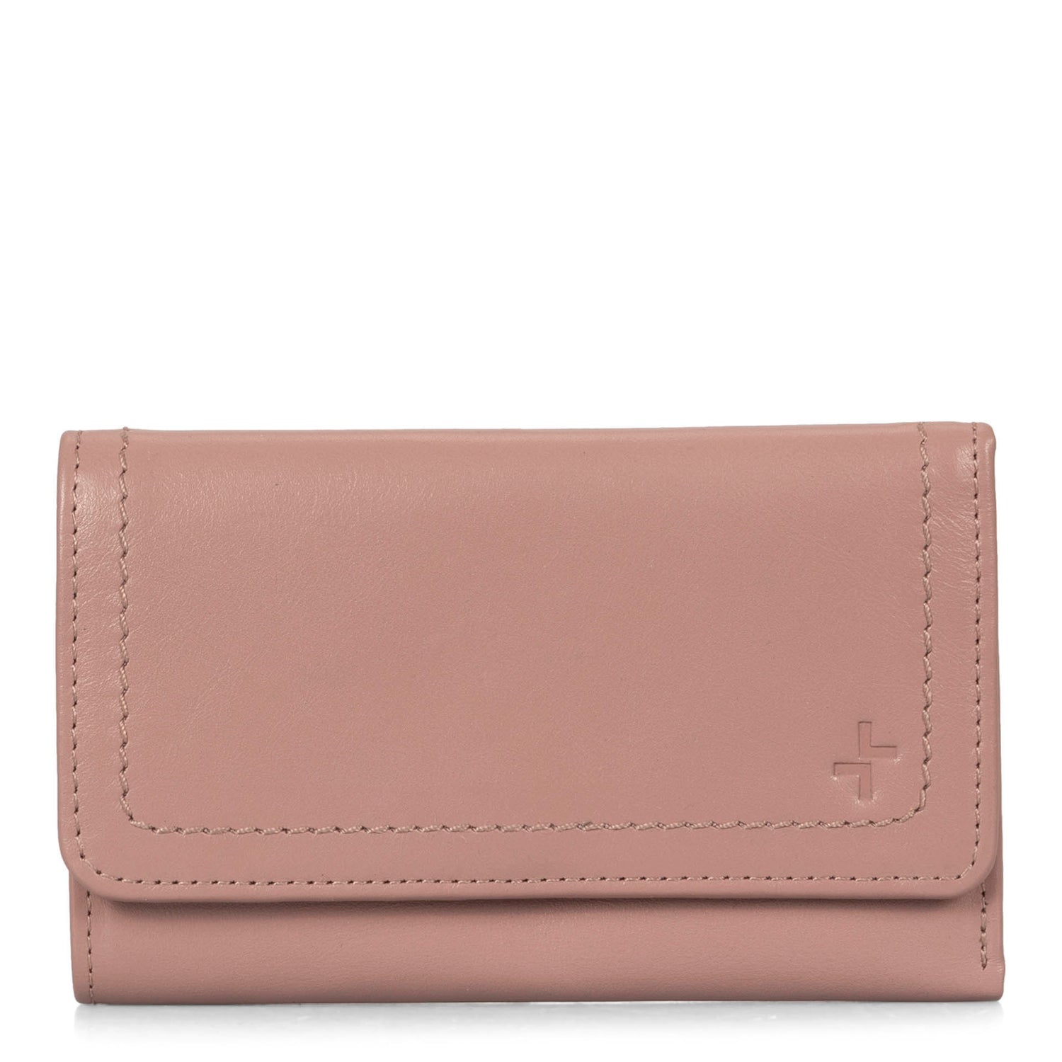 Front side of a taupe flap wallet for women called Kara designed by Tracker showing its logo and soft leather.