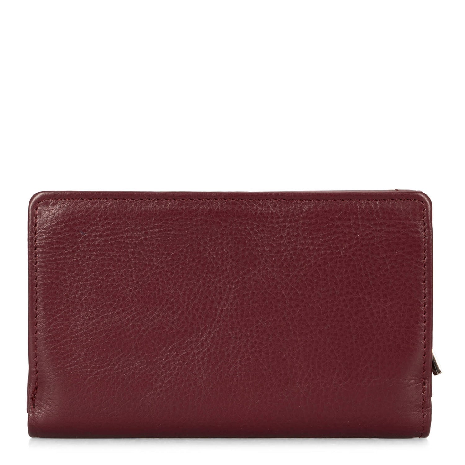 Back side of a burgundy flap wallet for women called Kara designed by Tracker showing its soft leather.