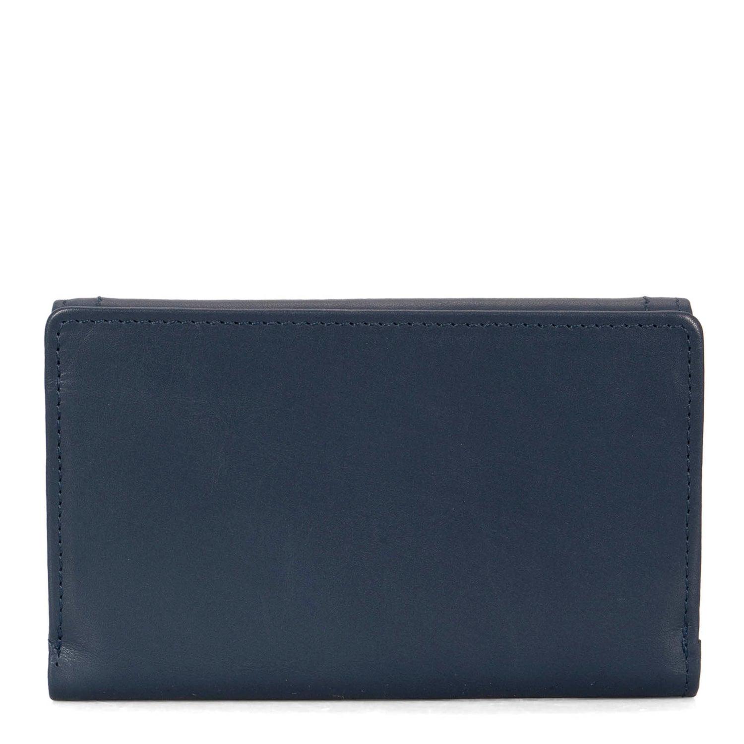 Back side of a navy flap wallet for women called Kara designed by Tracker showing its soft leather.