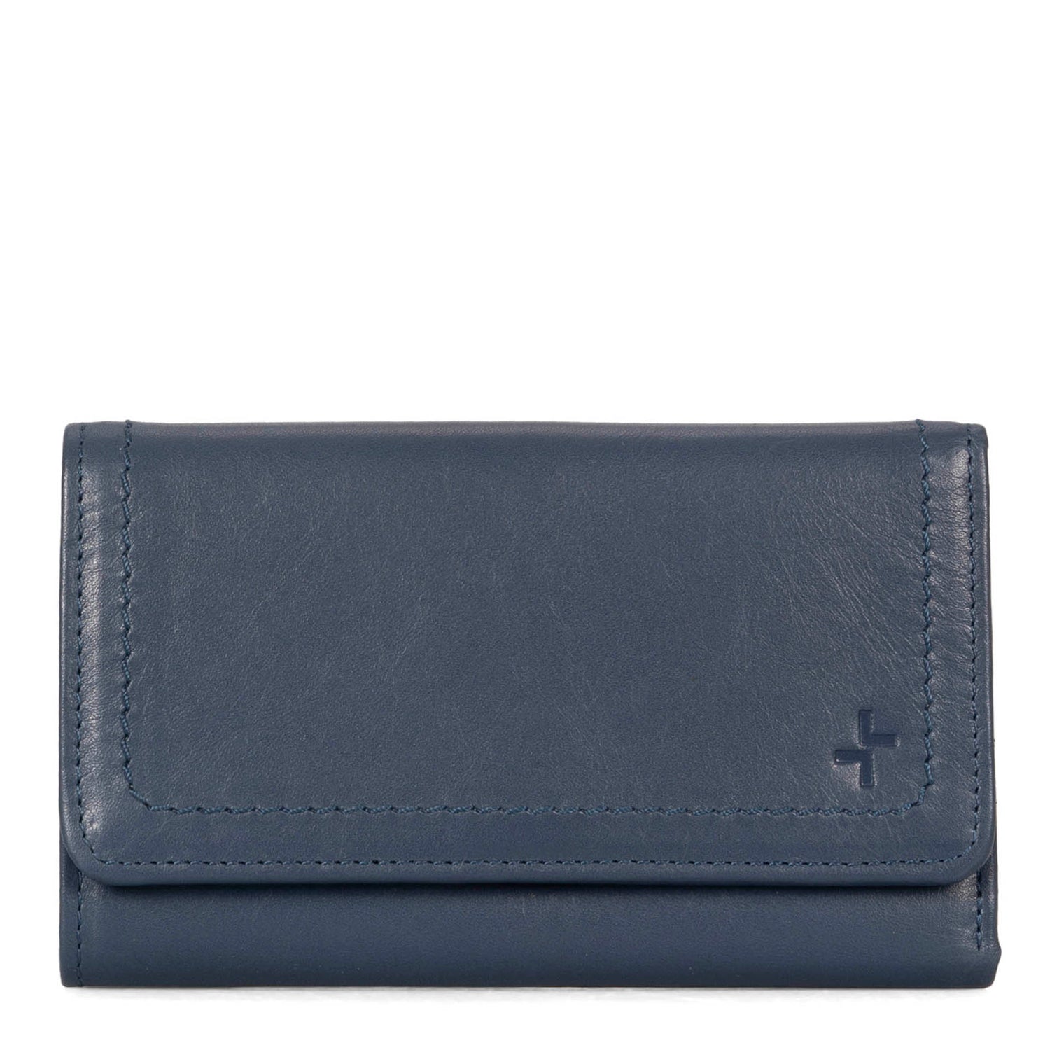 Front side of a blue flap wallet for women called Kara designed by Tracker showing its logo and soft leather.