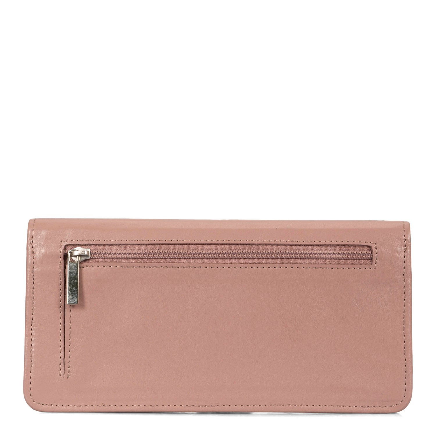 Back side of a pink women's wallet called Kelly designed by Tracker showing its hidden exterior compartment and smooth leather texture.