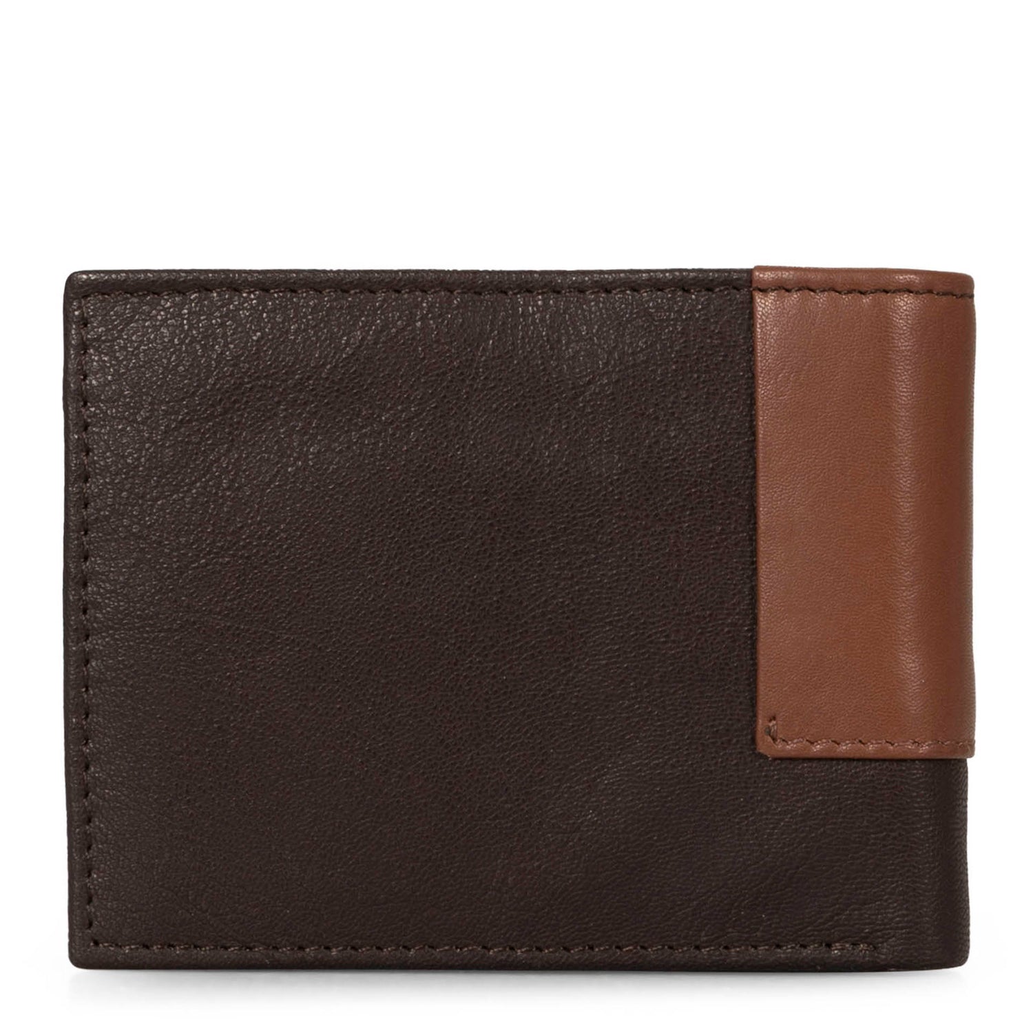 Back side of a two-toned brown cognac leather wallet called colwood designed by Tracker, show casing its supple texture.