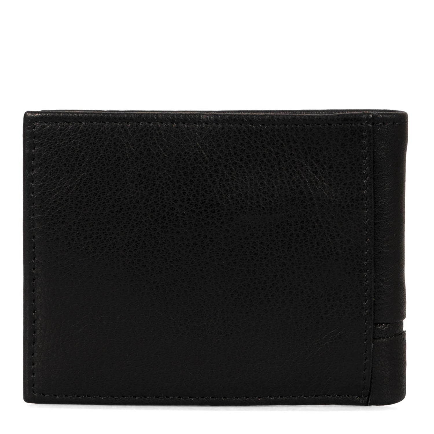 Back side of a black wallet called Calwood designed by Tracker, showcasing a soft leather texture.
