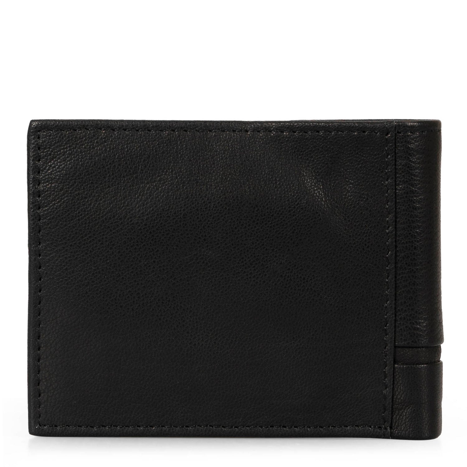 Back side of a black leather wallet called Colwood designed by Pelle, showcasings its supple leather.