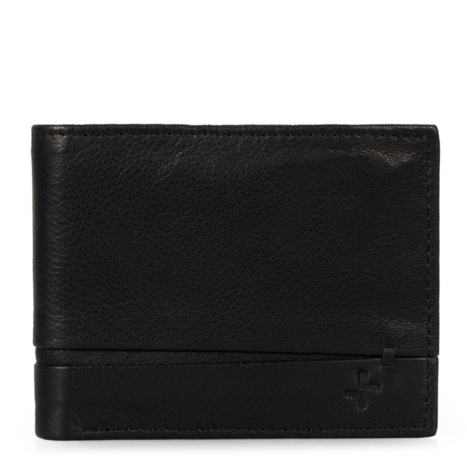 Front of a black leather wallet called Colwood designed by Pelle, showcasings its supple leather and tracker logo located at the bottom right corner.