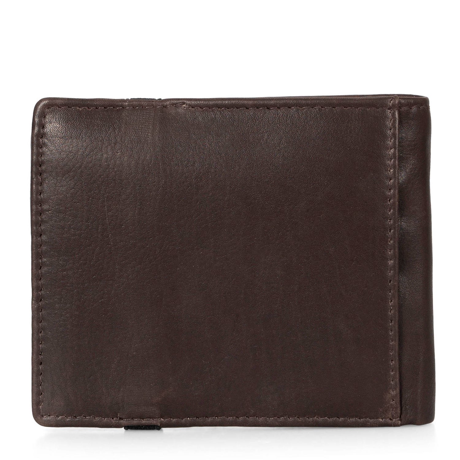 Back side of a brown leather wallet called Hudson designed by Tracker on a white background, showcasing its supple leather.