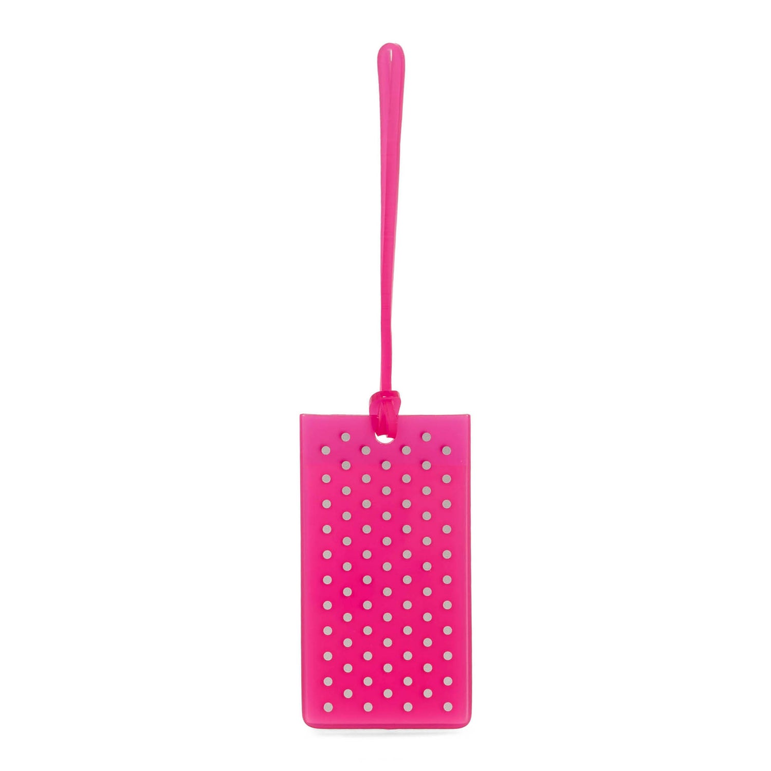 Front side of a luggage id tag called Polka Dot Jelly Luggage Tag designed by Tracker showing its jelly-like texture, elongated strap, and polka dot pattern.