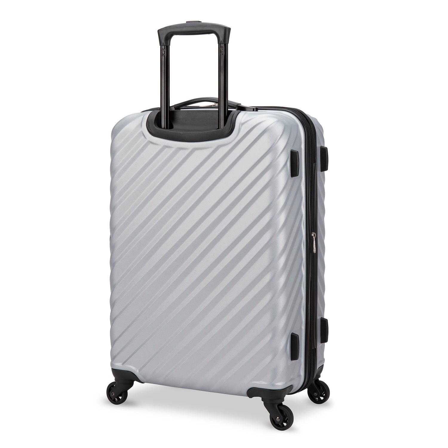 Back side view of a silver hard side luggage called MOD designed by Swiss Gear sold at Bentley, showcasing its telescopic handle and resistant-absorbant texture.