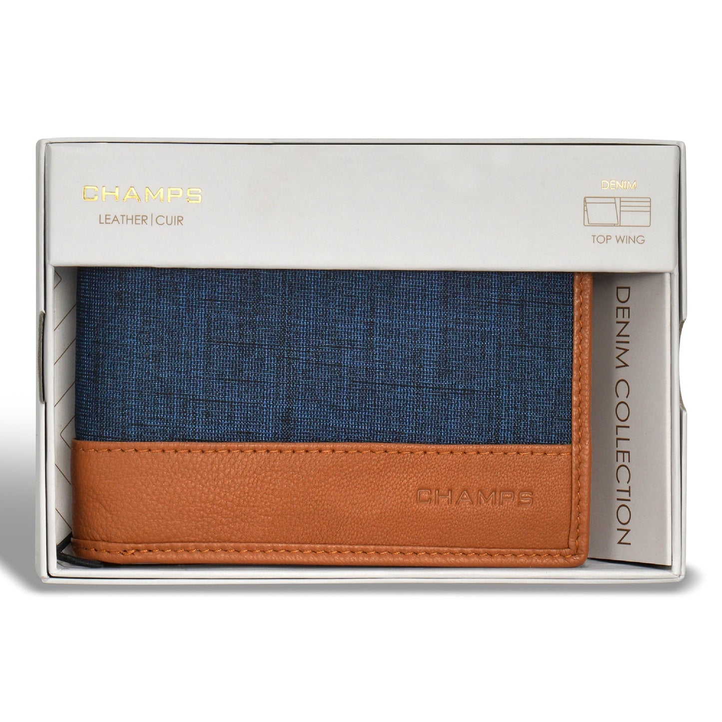 Portefeuille à rabat supérieur en cuir et denim Champs Denim