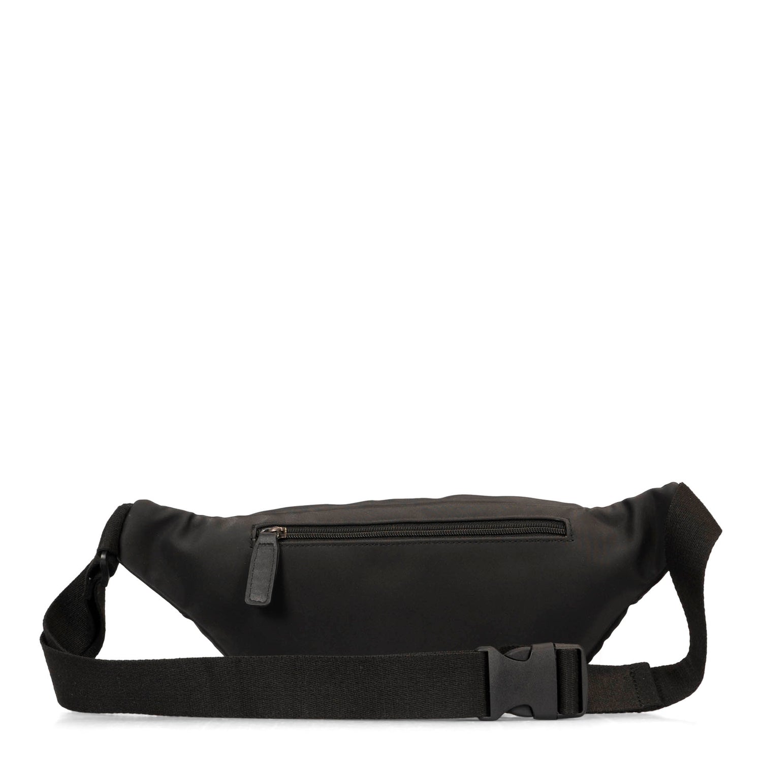 Backside view of a black fanny pack called Dilan designed by Roots showing its two tone PU-nylon texture, a belt strap, and hidden back zipper pocket.