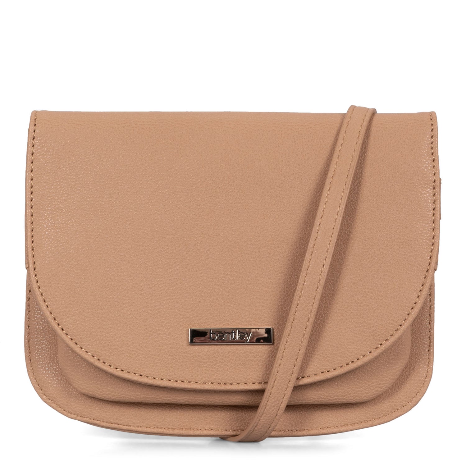 Front side of a beige crossbody bag for women called Organizers on a white background, showcasing its thin strap and smooth texture - bentley