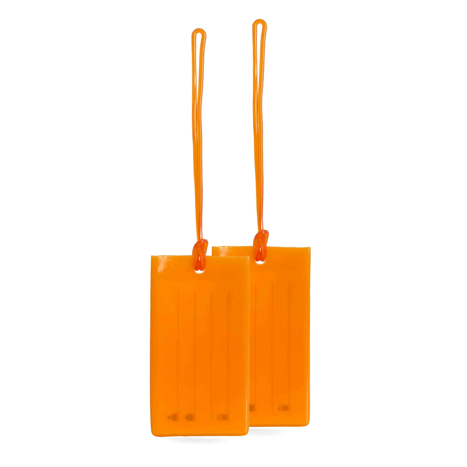 2 orange luggage tags in a jelly material with elastic bands knotted around it in the same colour.