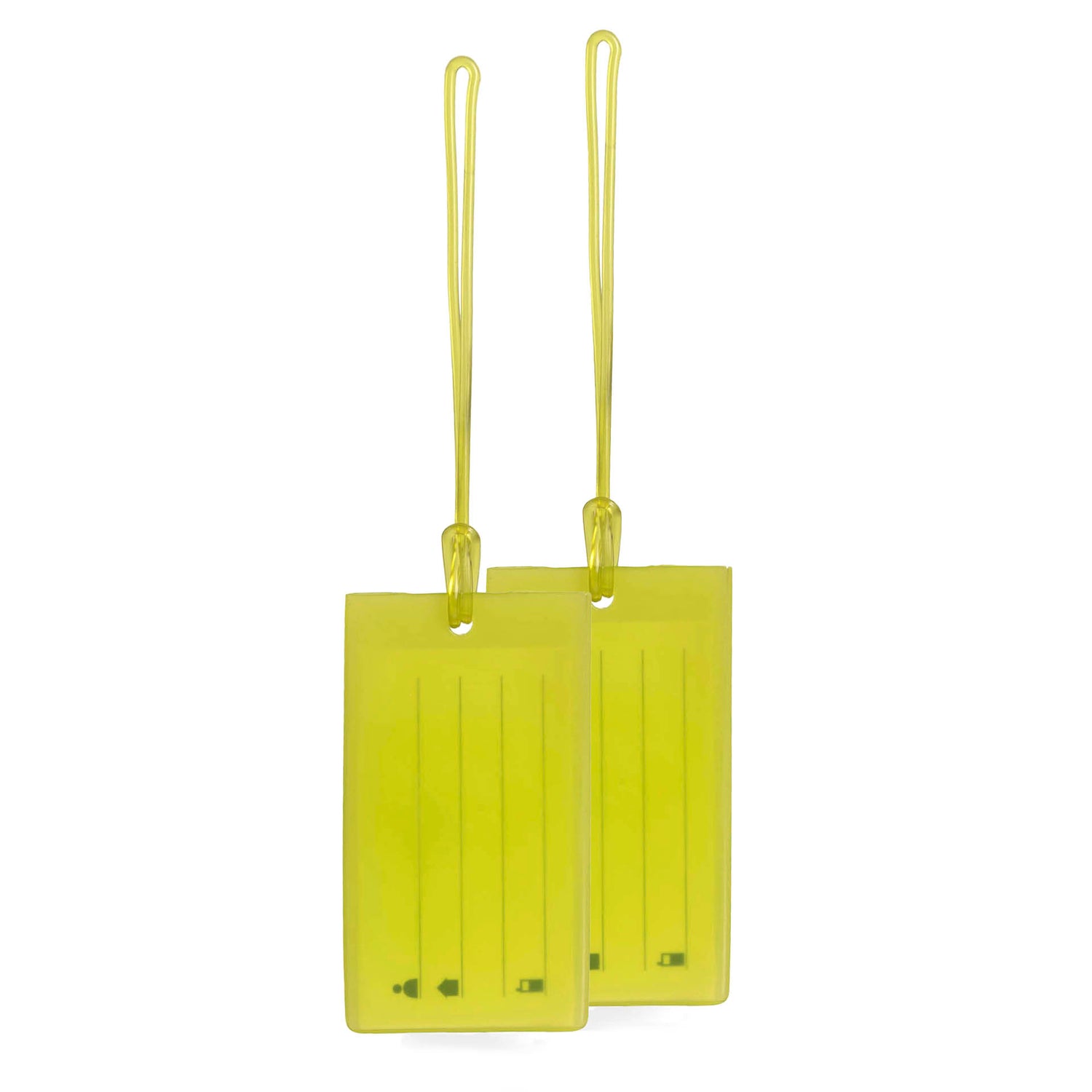 2 flourescent yellow luggage tags in a jelly material with elastic bands knotted around it in the same colour.