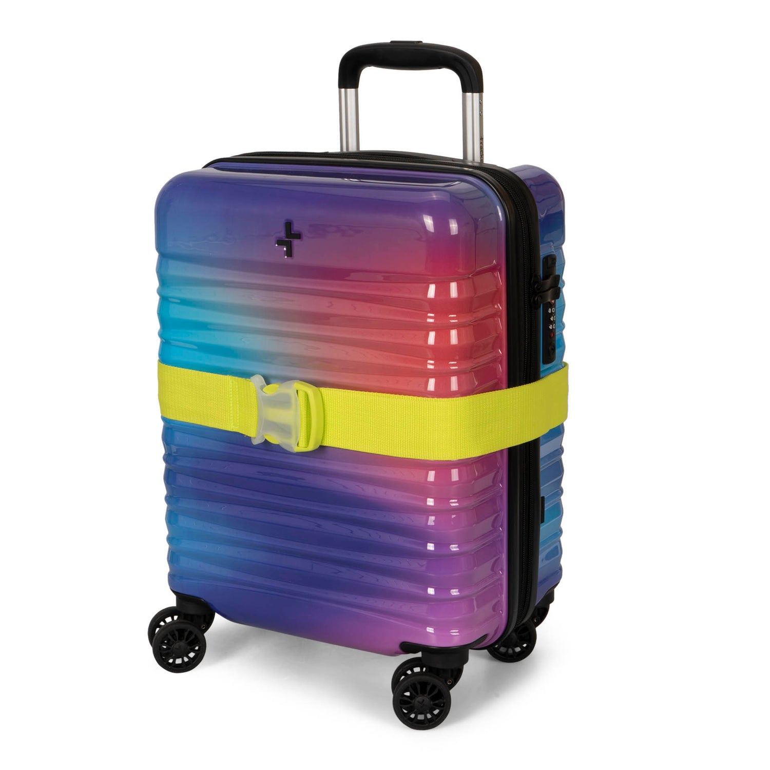 Angle view of a neon luggage strap designed by Tracker that's strapped around a multicoloured luggage that shows it's telescopic handle and spinner wheels.