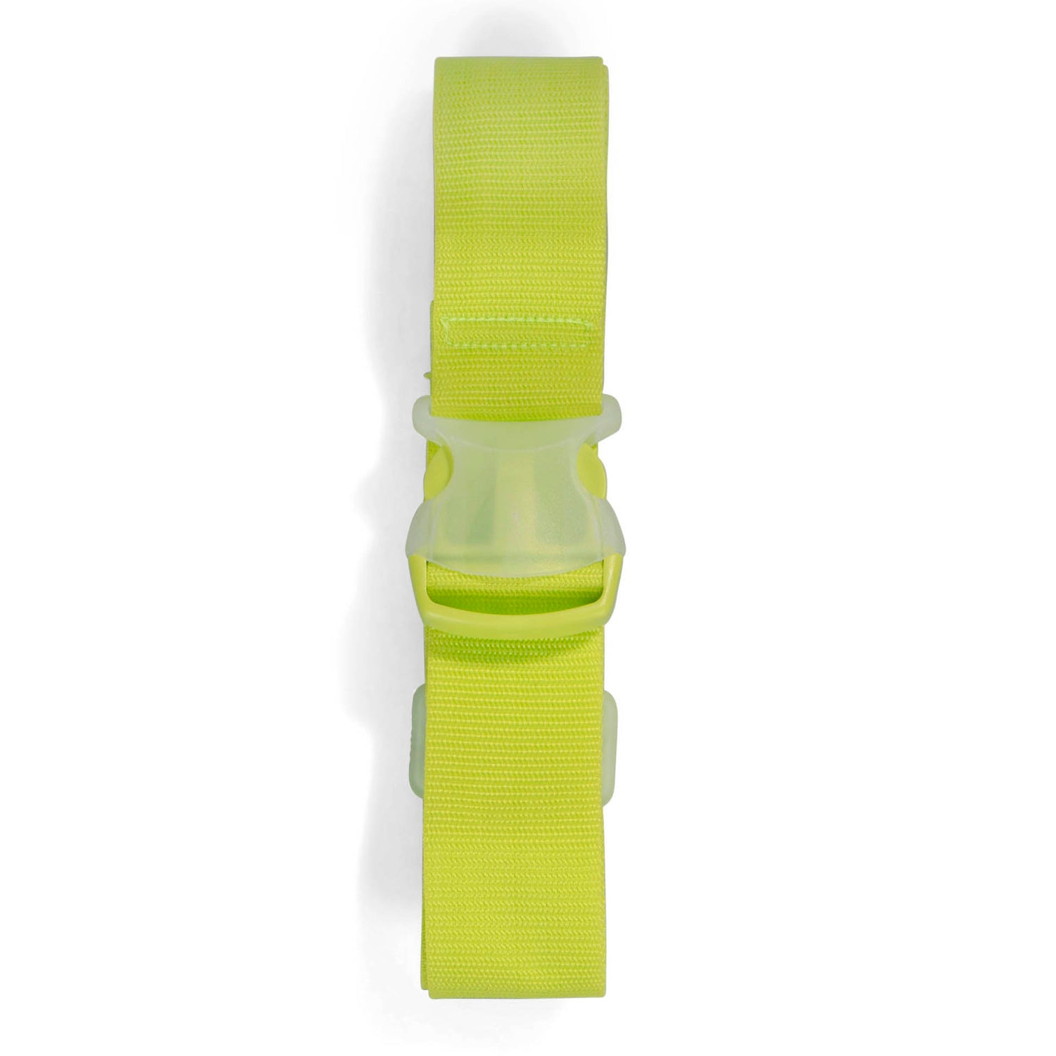 Front view of a neon luggage strap showing its resistant textured polyester and transparent plastic buckle.