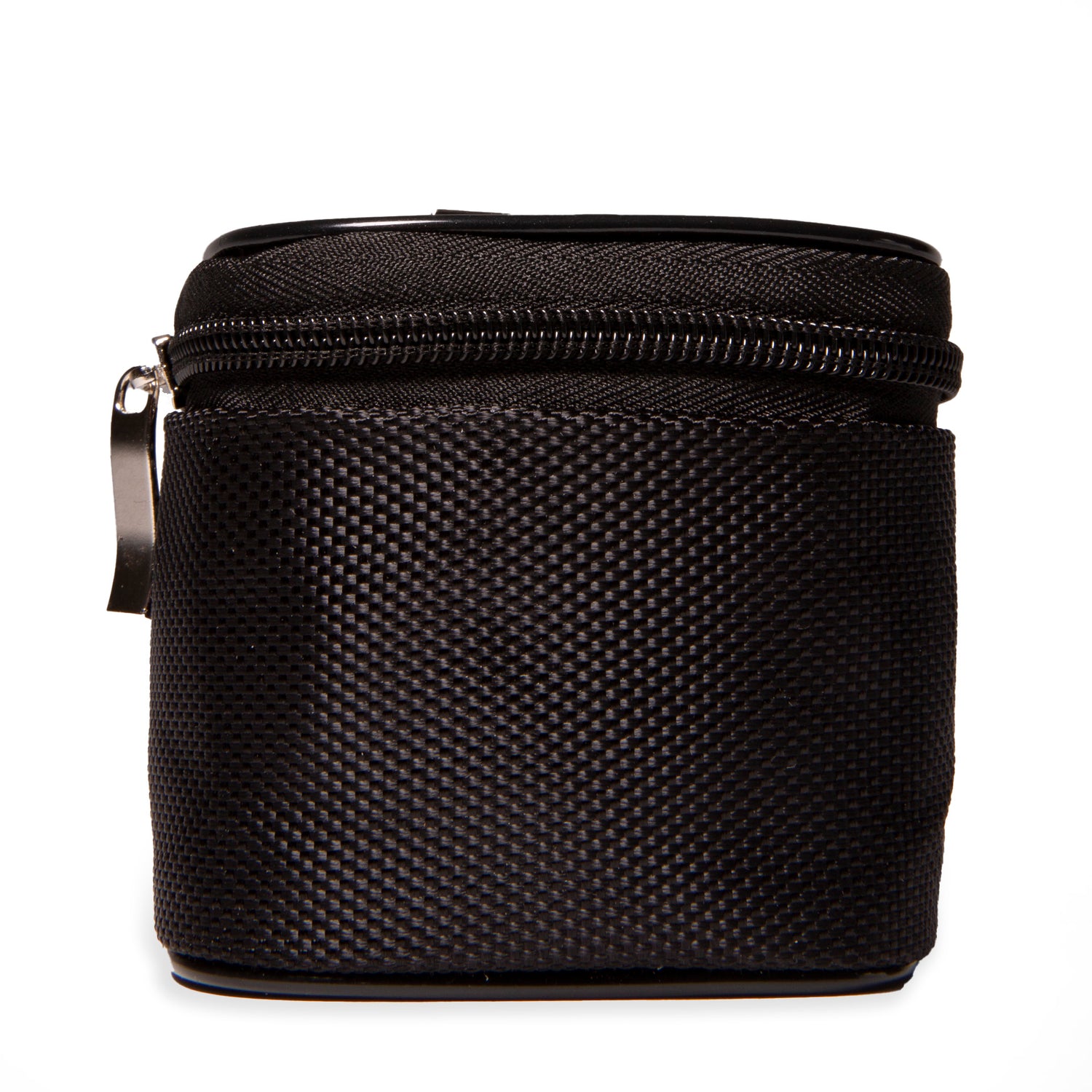 Front side view of a black universal travel plug pouch on a white backgorund, showcasing its polyester texture and zipper compartment.