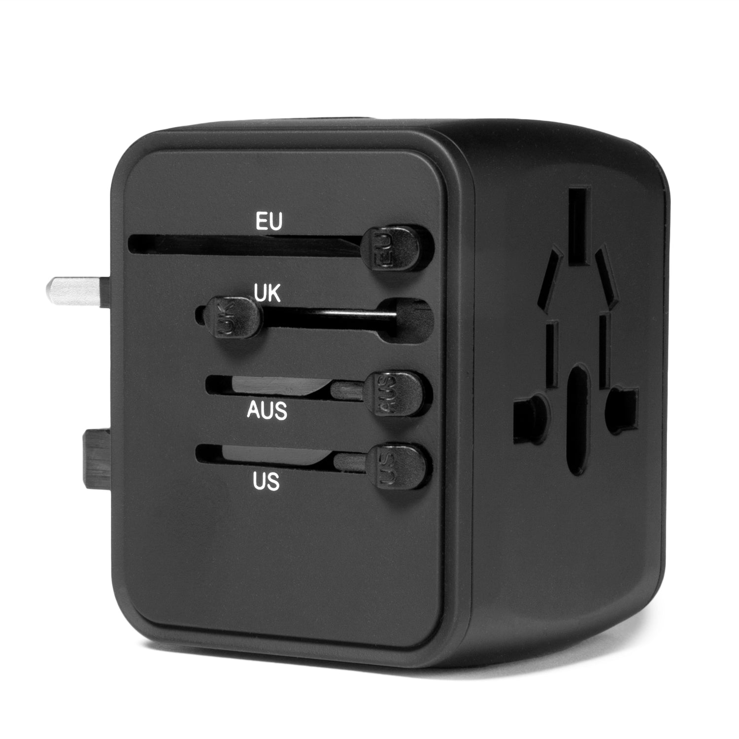 Front side view of a black universal travel plug on a white backgorund, showcasing its international prongs and more connectivity features.