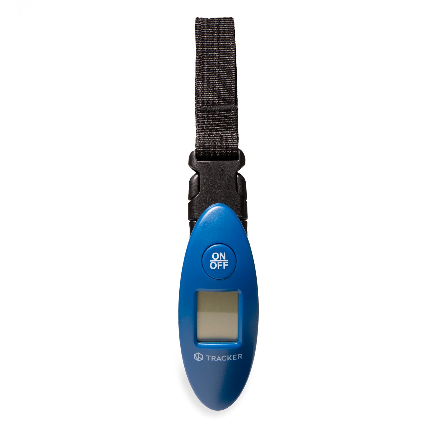 Front of a blue and black electronic digital luggage scale designed by Tracker with a clip on white background that has an off and on power button.