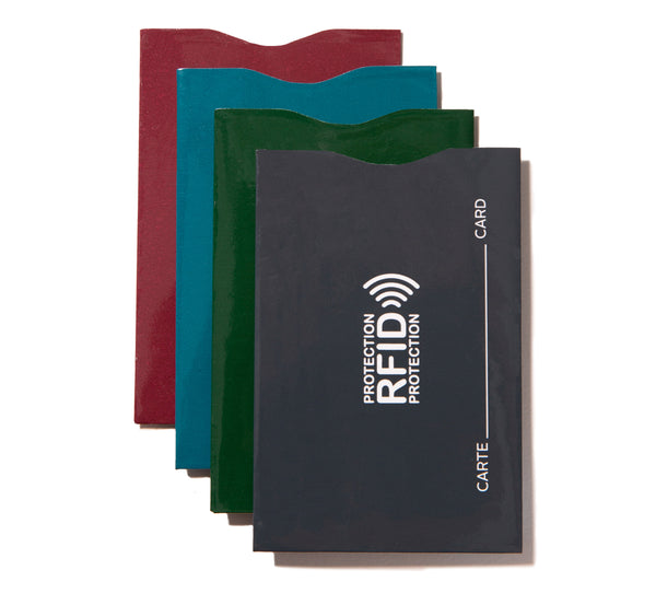 4 rfid card sleeves in burgundy, blue, dark green, and grey designed by Tracker showing its RFID label.