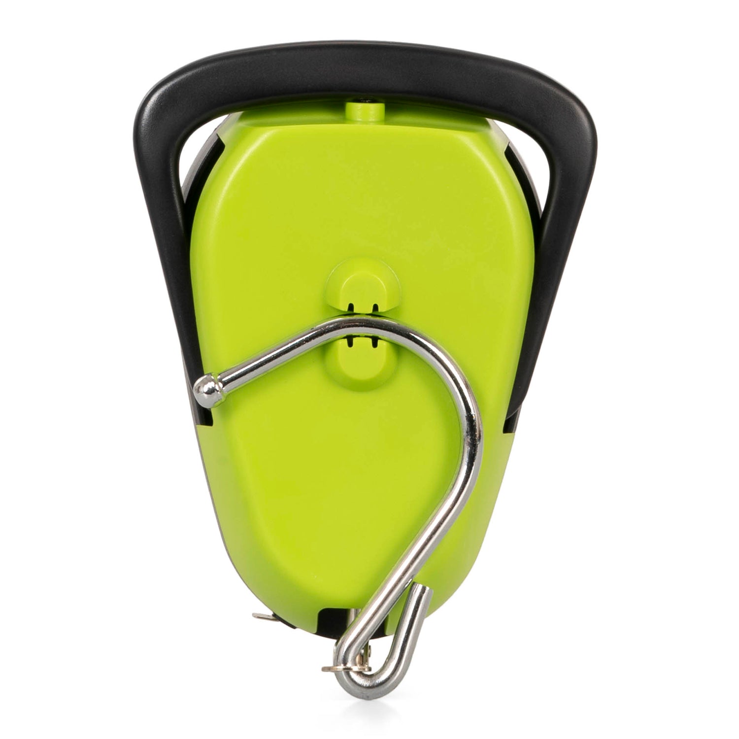 Backside of a green analog luggage scale designed by Tracker showing  its hook, handle, and neon green colour.