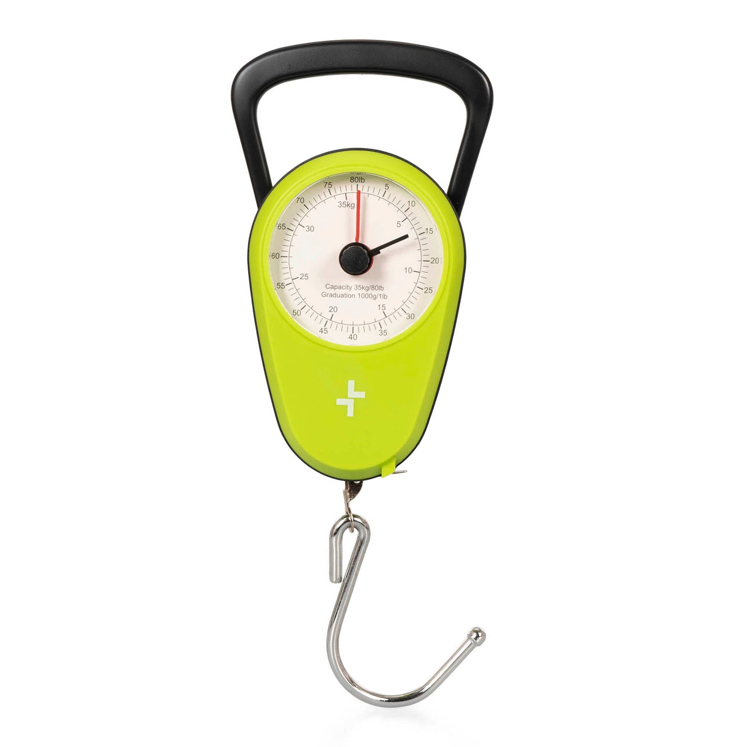 Front side view of a green analog luggage scale designed by Tracker showing its dial, handle, hook, and neon green colour.