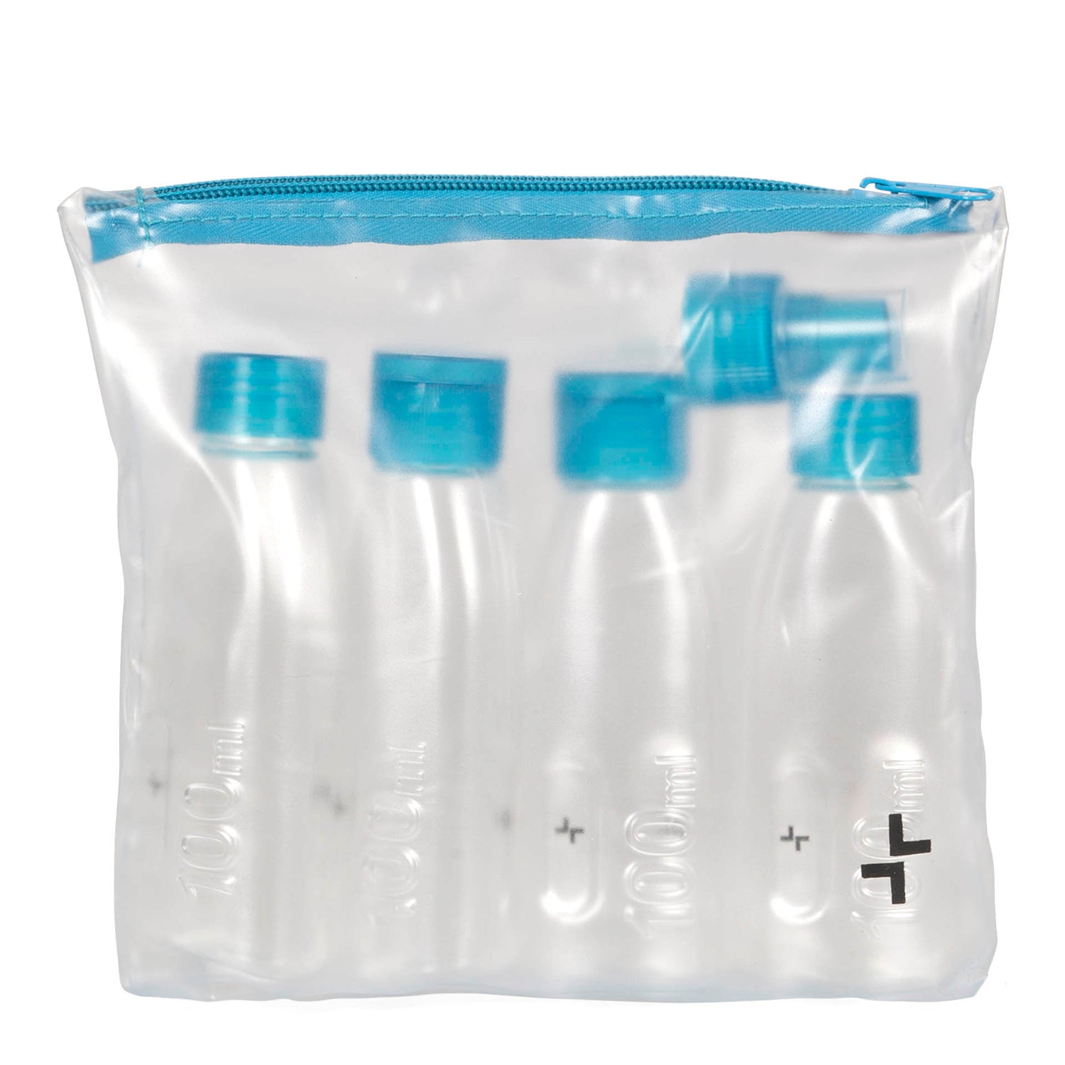 4 bottle set with spray nozzle inside a matt plastic bag that has a zipper closure and logo of travel brand Tracker, all on a white background.