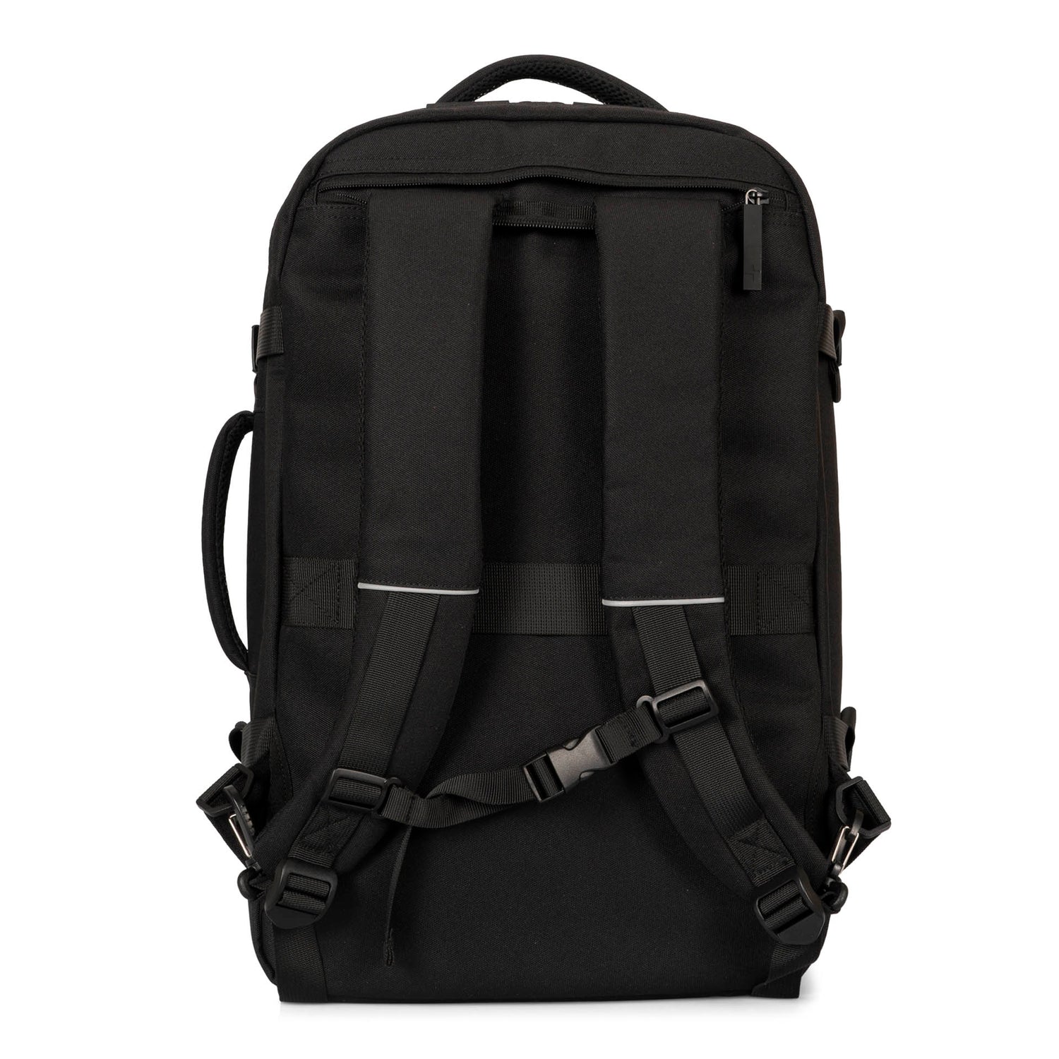 Back side of a black backpack called West Bay 3.0 Convertible designed by Tracker showing top and side handle, shoulder straps, sternum strap, back pocket, and luggage strap.