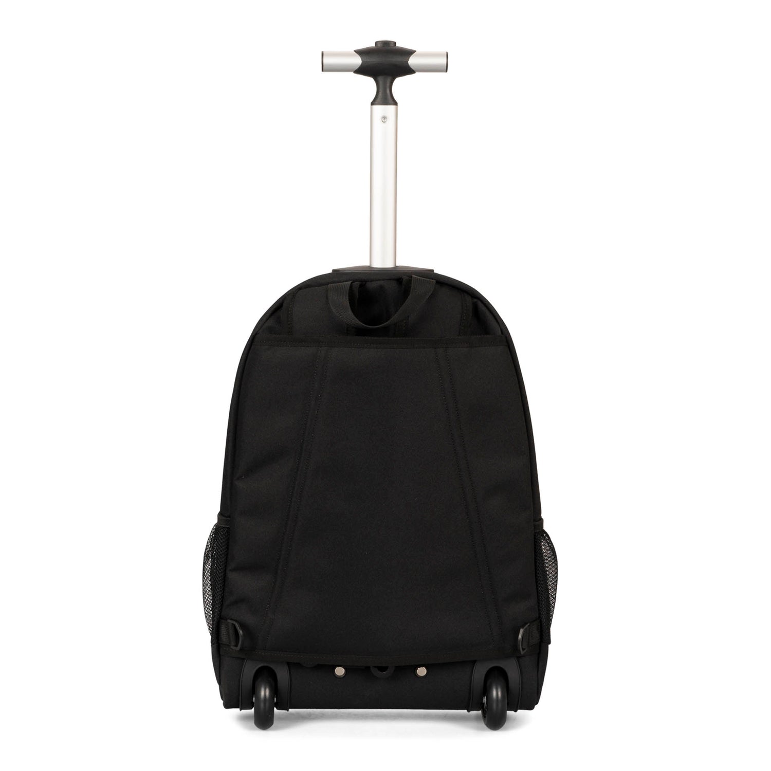 Back side of a black backpack on wheels called Mercier 3.0 designed by Tracker showing its telescopic handle, two wheels, and two side pockets.
