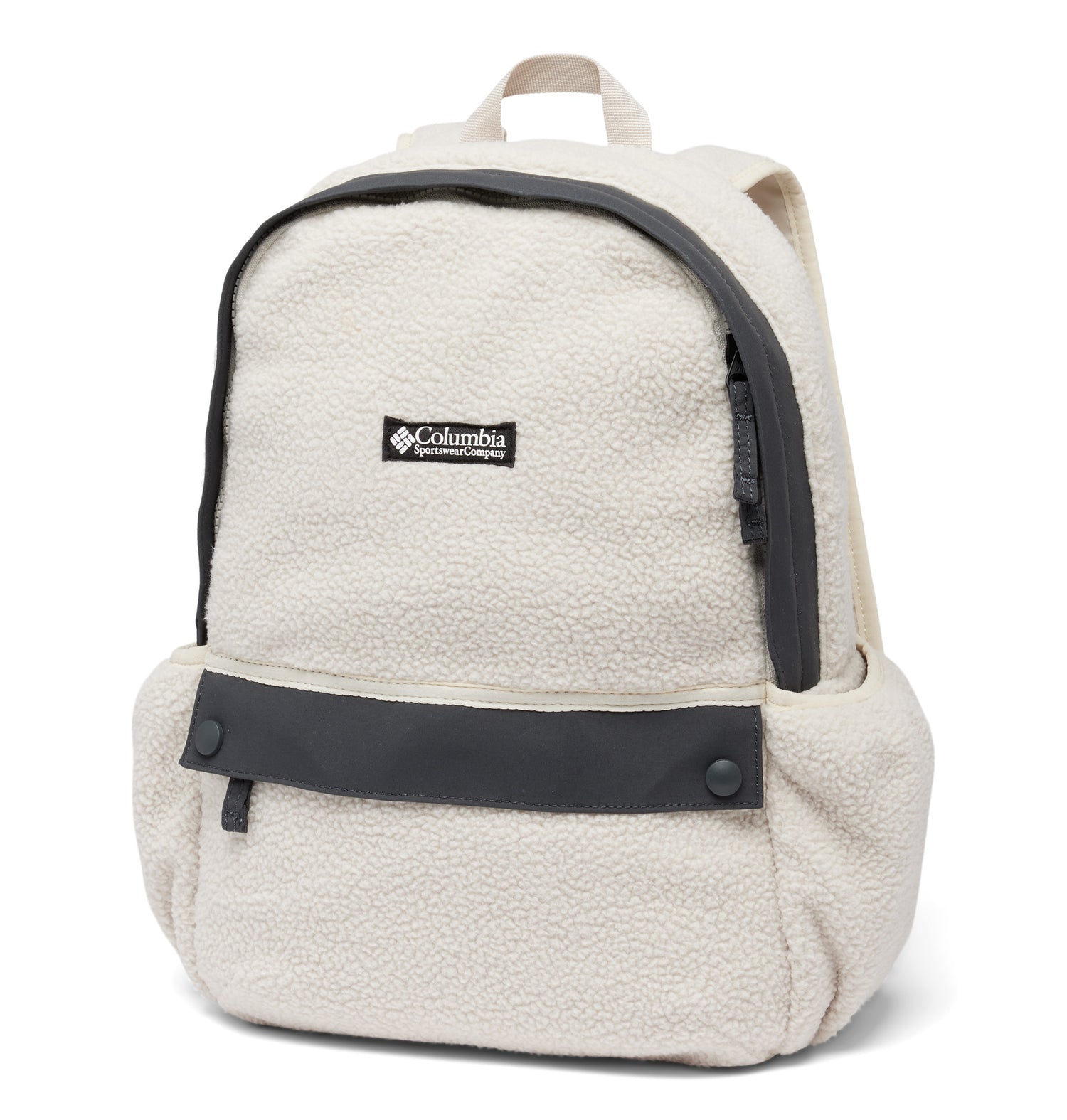 Front side of a beige backpack called Helvetia designed by Columbia showing its fleece teture, logo printed on the front compartment, and 2 snap-button opening to a front pocket.