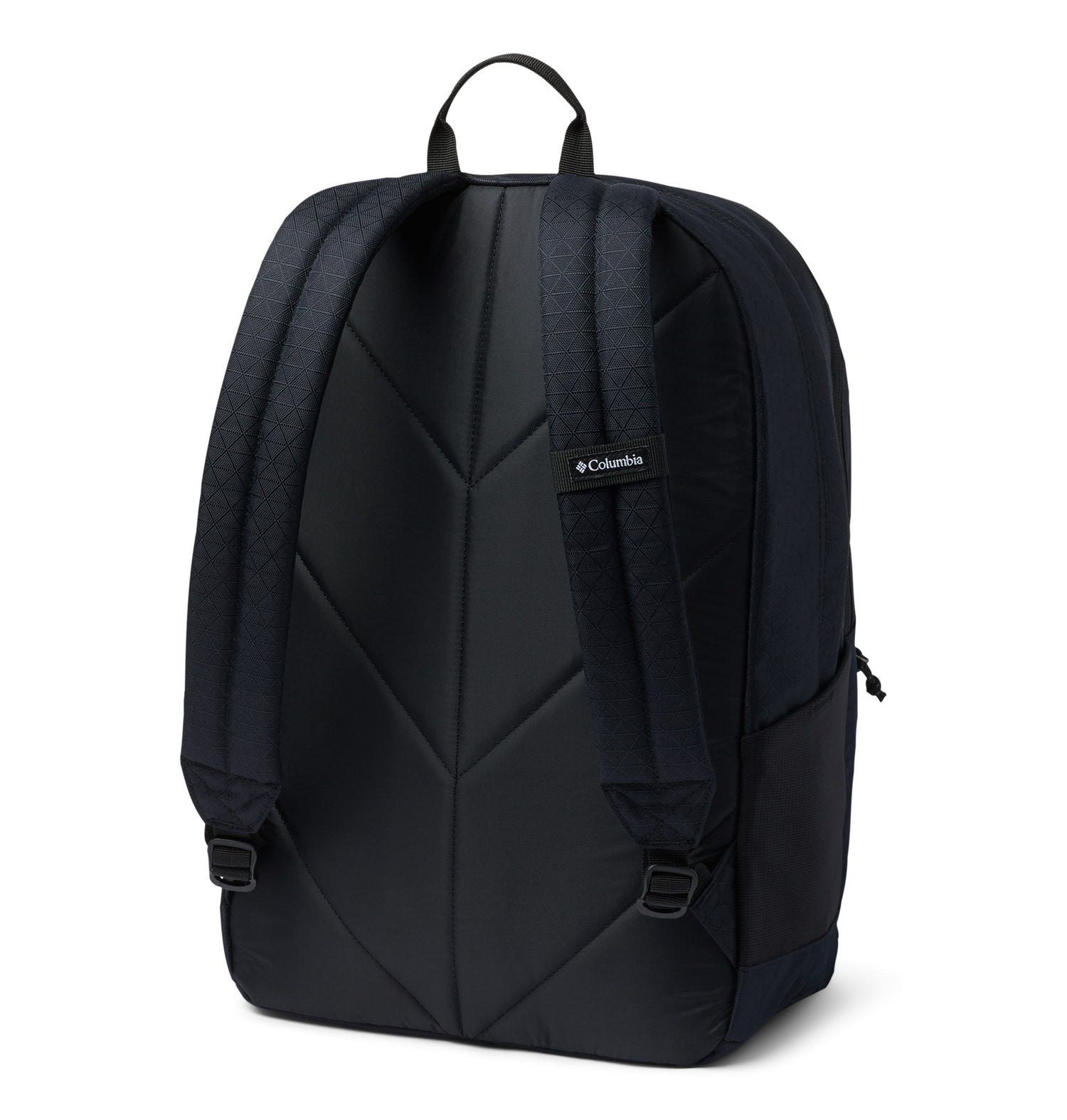 Angle view of a black backpack called Zig Zag designed by Columbia showing its a top handle, and shoulder straps and back panel. with the logo printed on one of them.