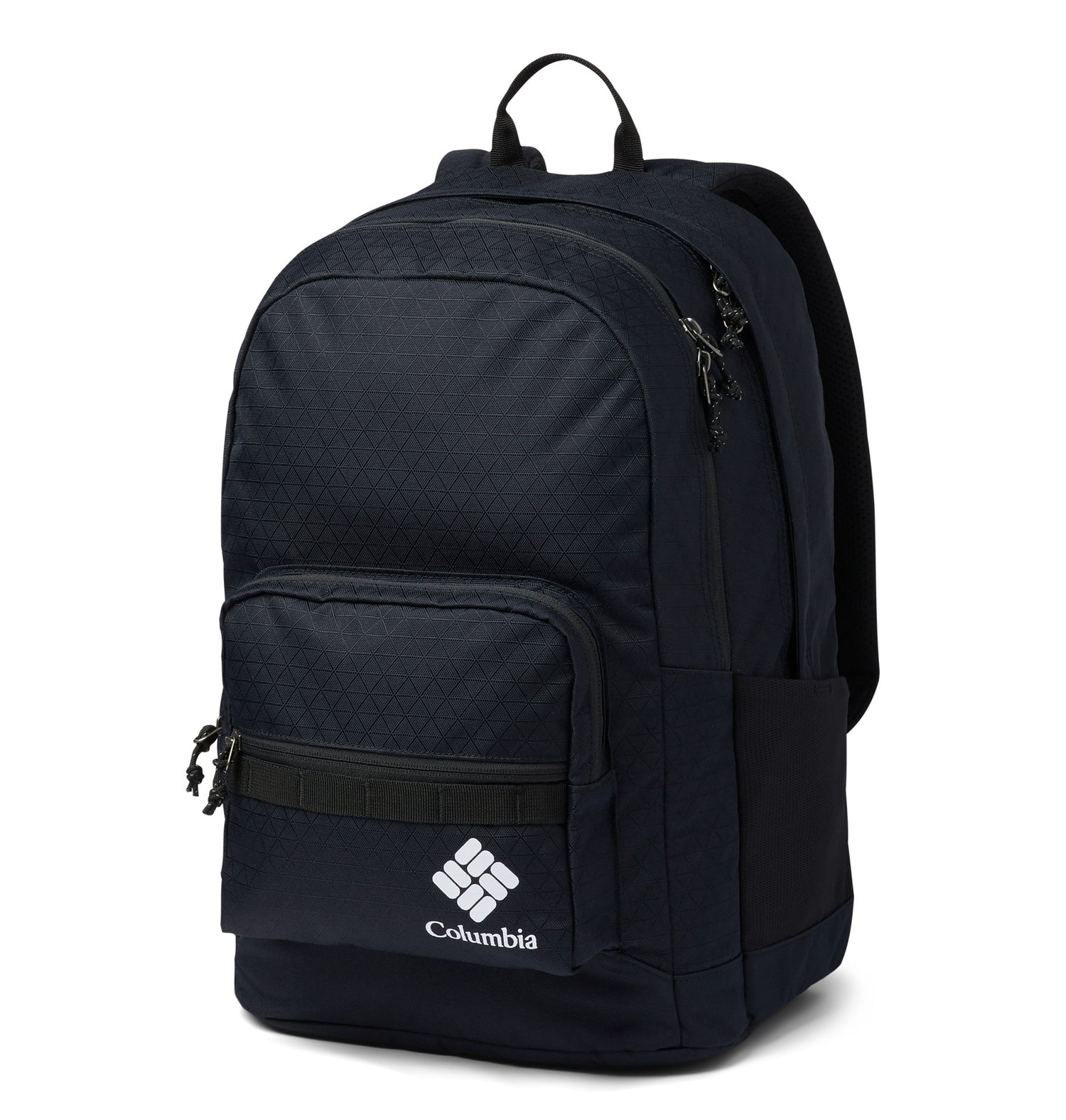 Angle view of a black backpack called Zig Zag designed by Columbia showing its logo printed on the front compartment, a top handle, and multiple zipper tabs.