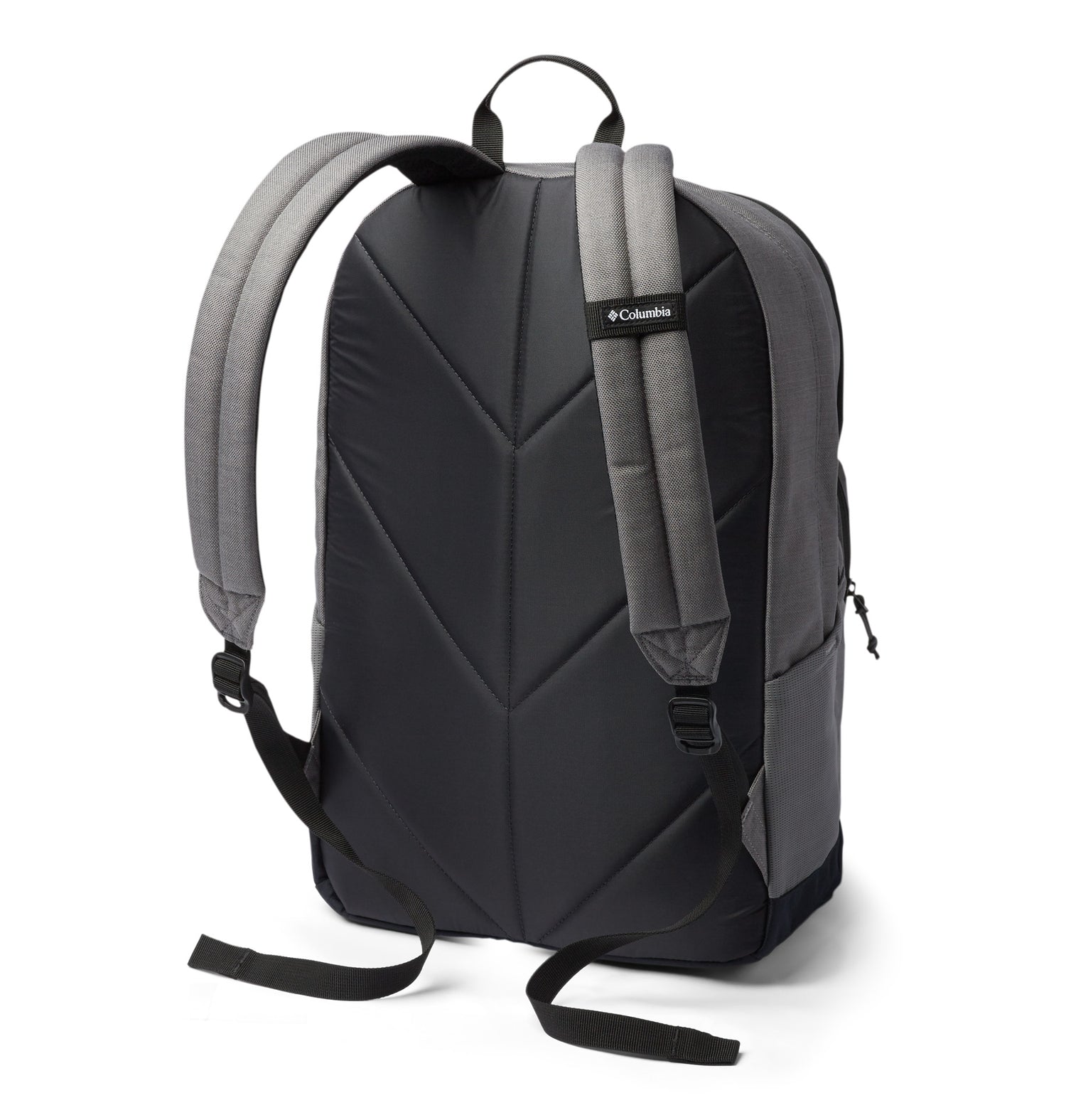 Angle view of a grey backpack called Zig Zag designed by Columbia showing its a top handle, and shoulder straps and black back panel.
