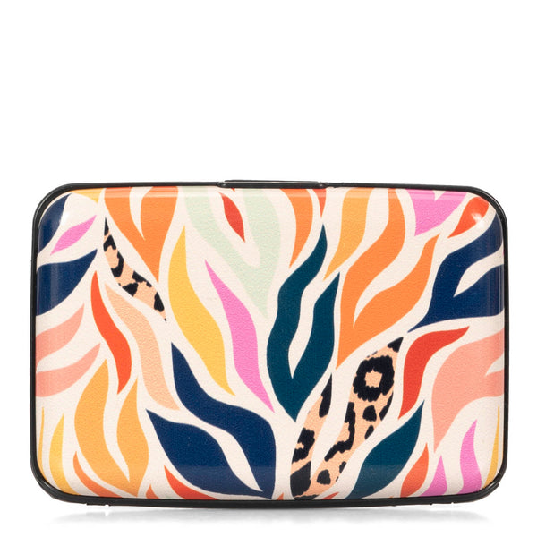 Frontside of a multicoloured animal-print card holder in aluminum on white background and black contour.