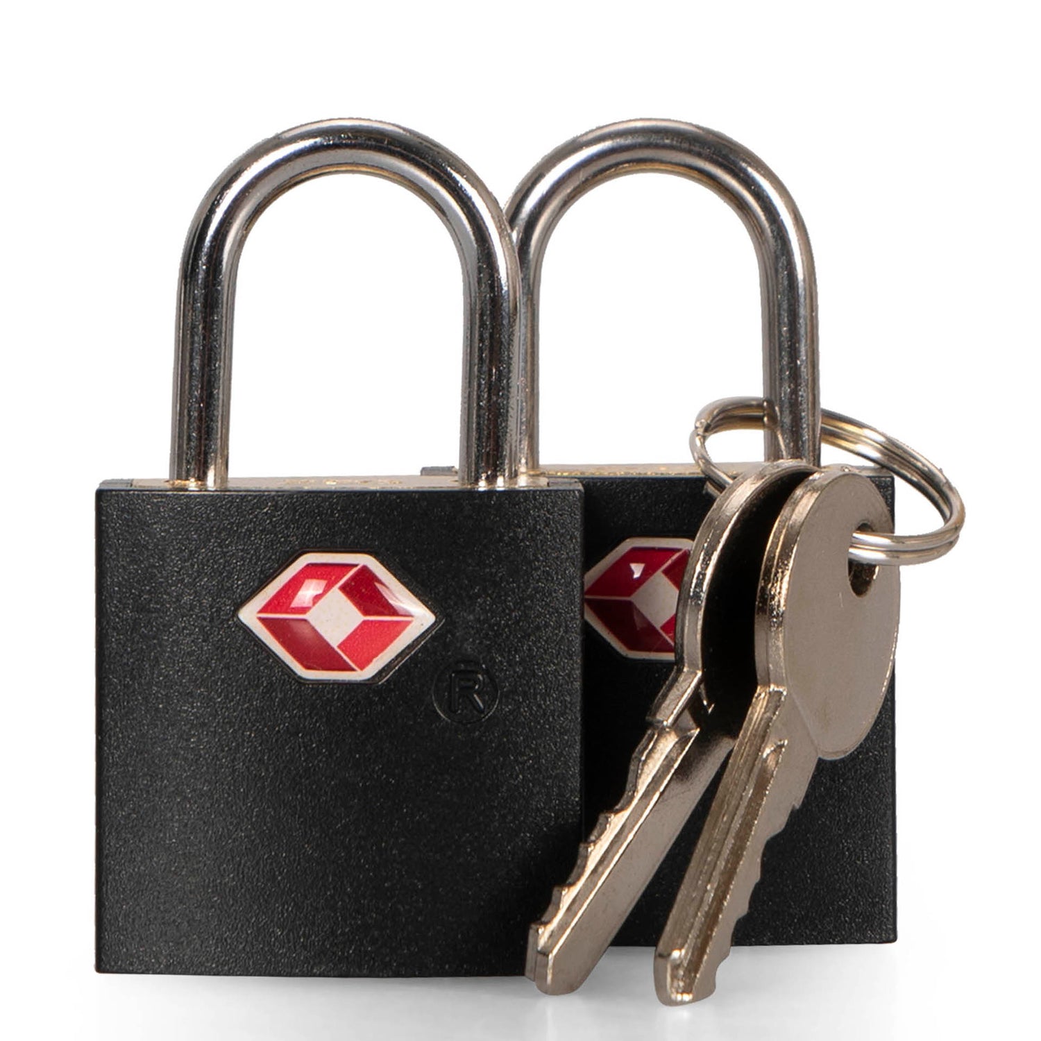 2 closed locks attached to 2 keys with the TSA logo on the front of the locks with white background.