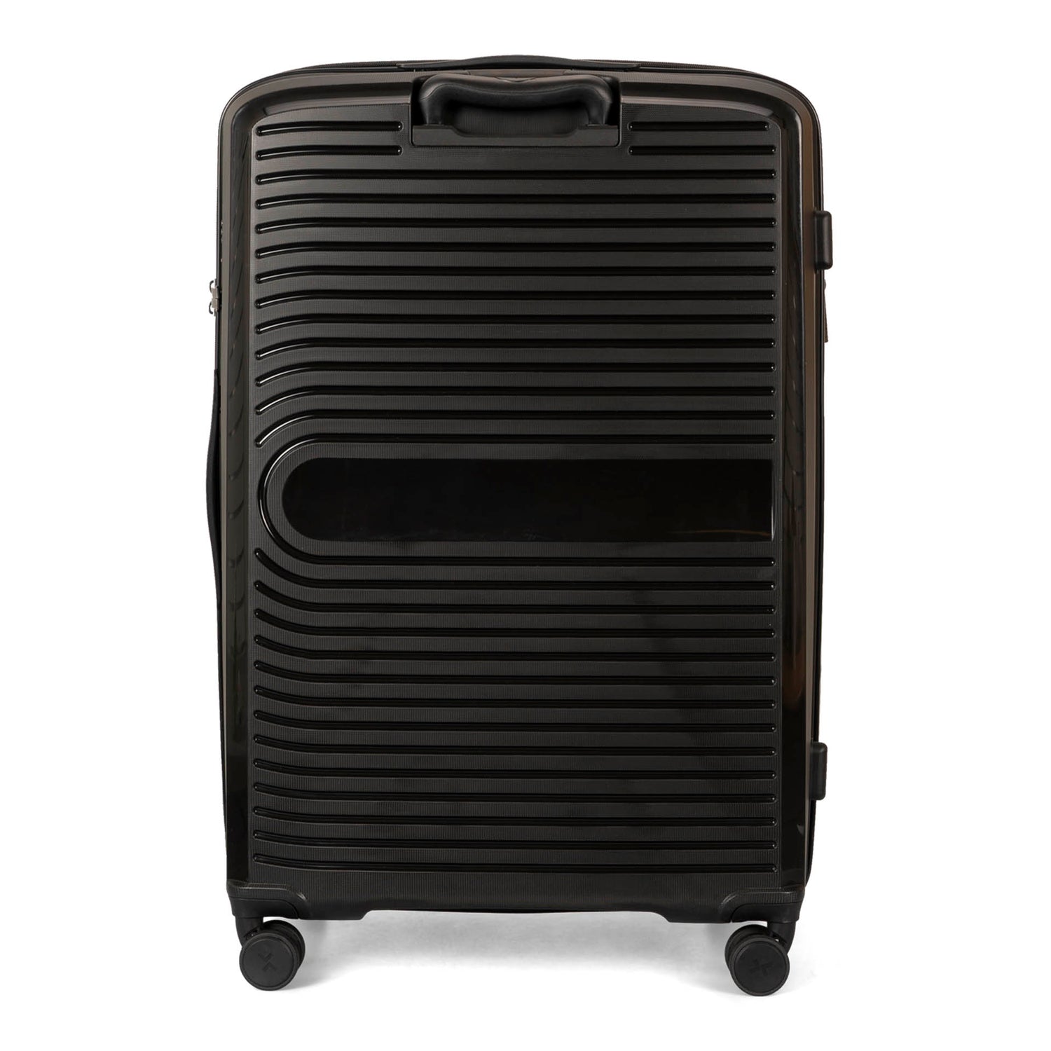 Back side of a black luggage called Dynamo designed by Tracker showing its telescopic handle and lined-pattern shell.