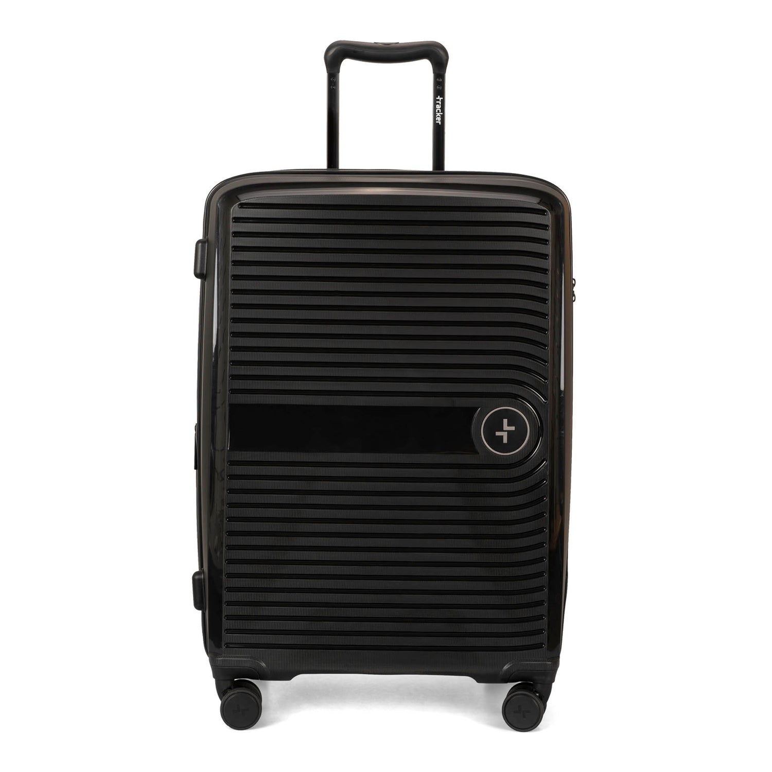 Front side of a black luggage called Dynamo designed by Tracker showing its telescopic handle, lined-pattern shell, and tracker symbol embossed on the front.