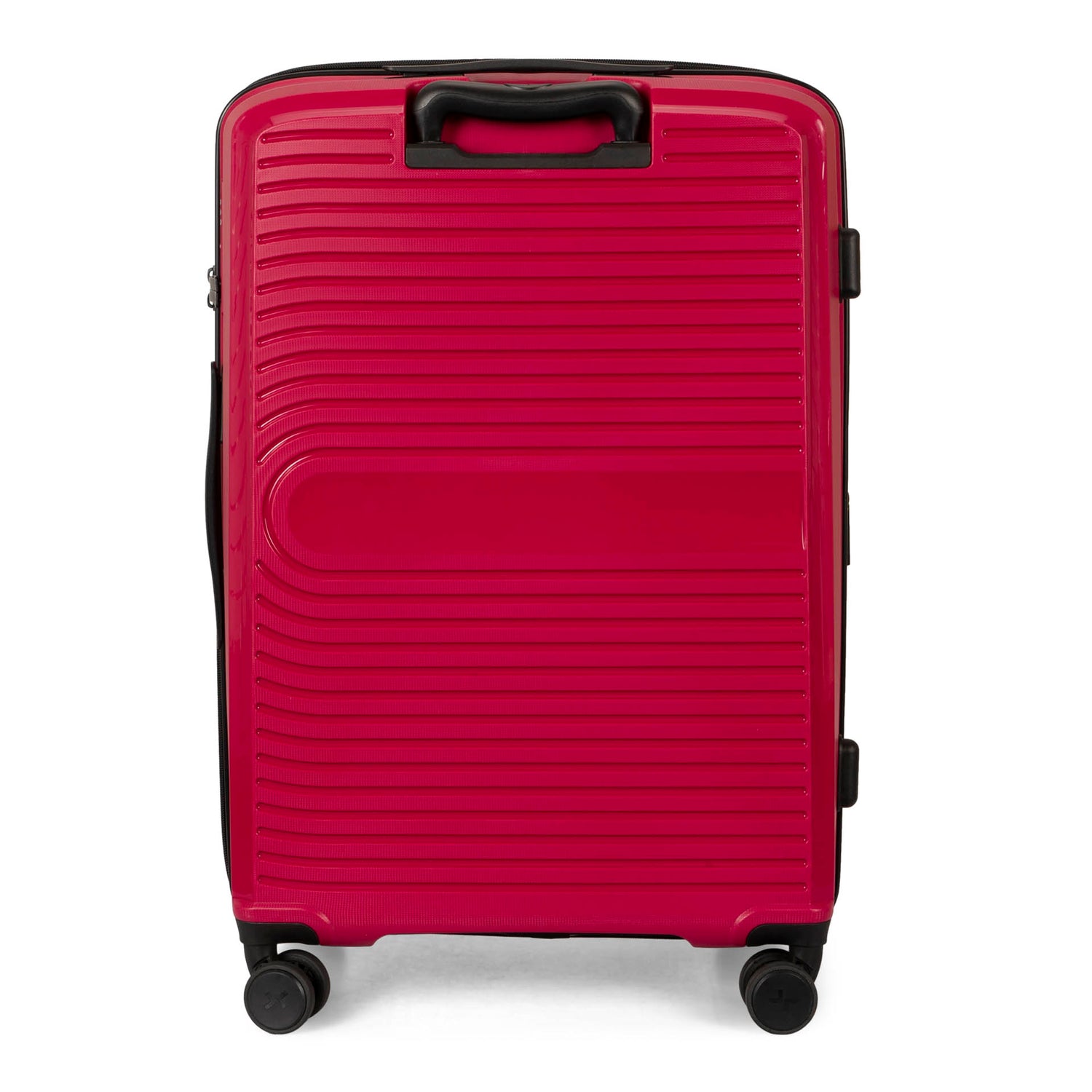 Back side of a red luggage called Dynamo designed by Tracker showing its telescopic handle and lined-pattern shell.